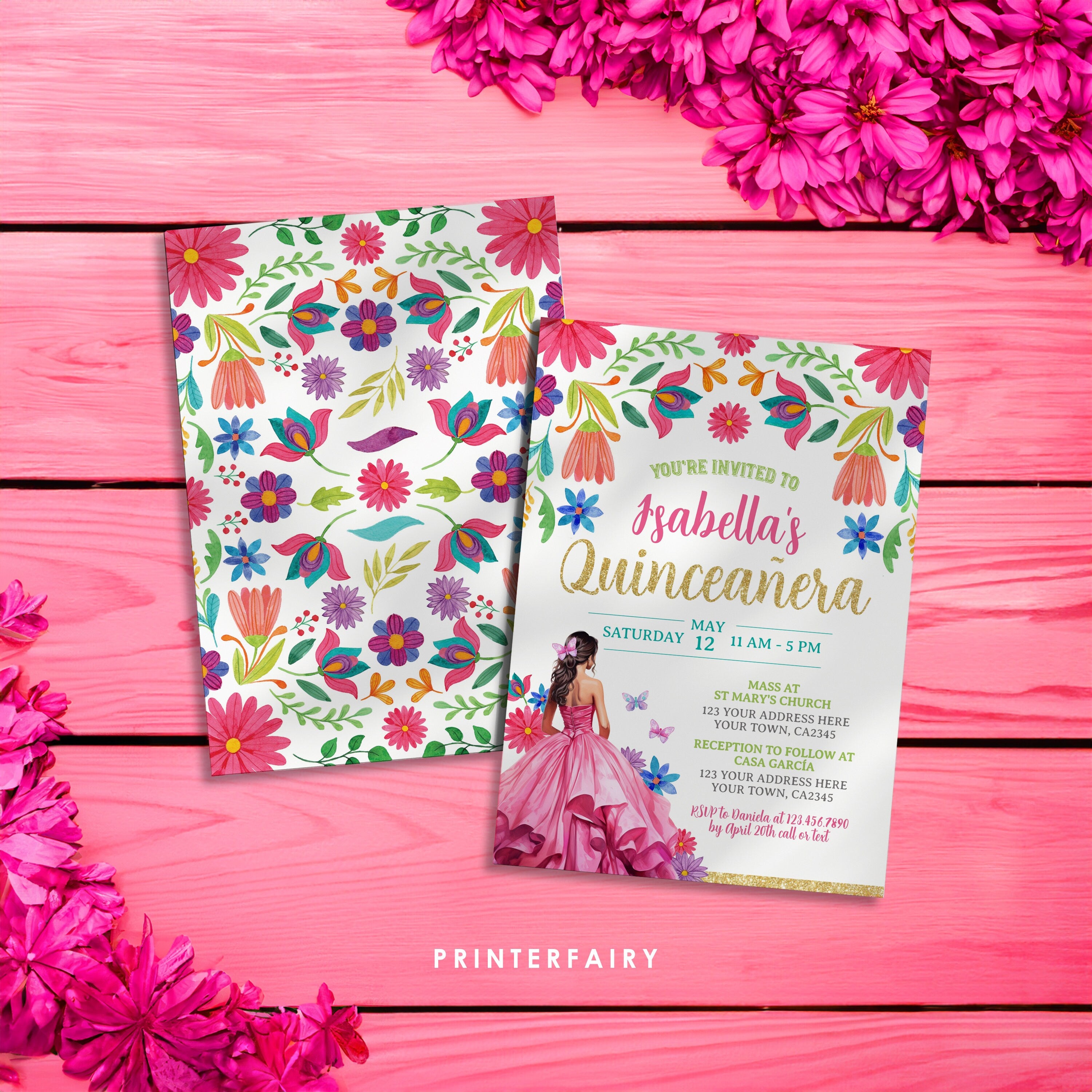 Floral Mexican Quinceañera Invitation, Fiesta Birthday Invite (Digital Download)