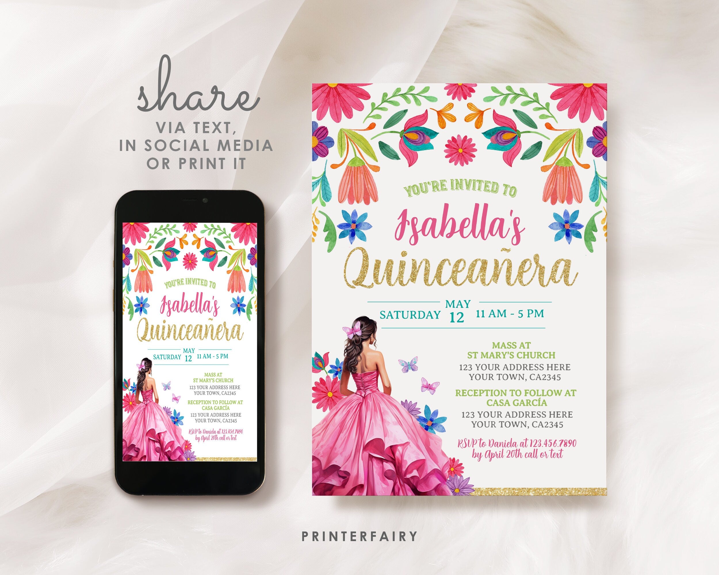 Floral Mexican Quinceañera Invitation, Fiesta Birthday Invite (Digital Download)
