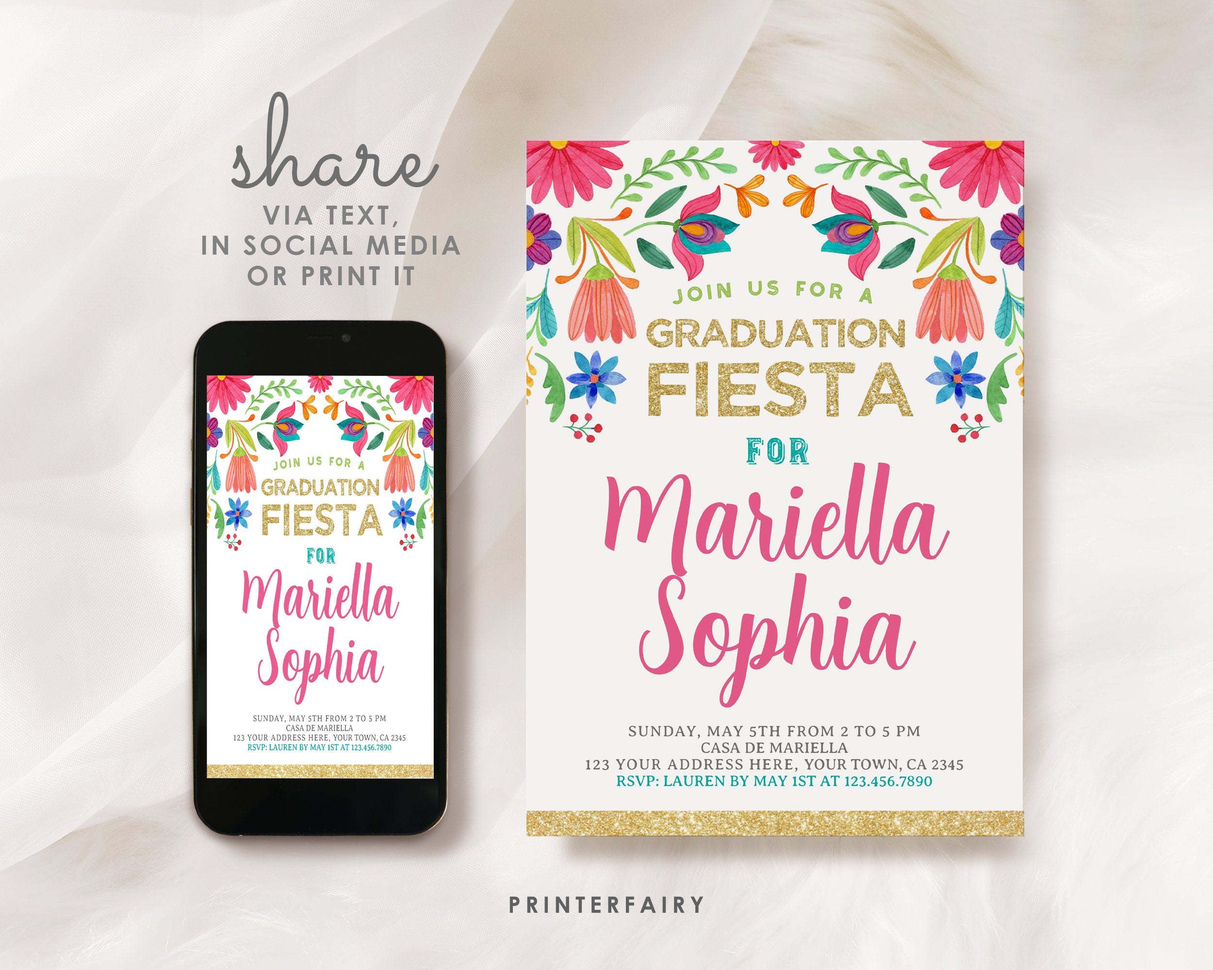 Mexican Fiesta Graduation Invitation, Floral, Editable (Instant Download)