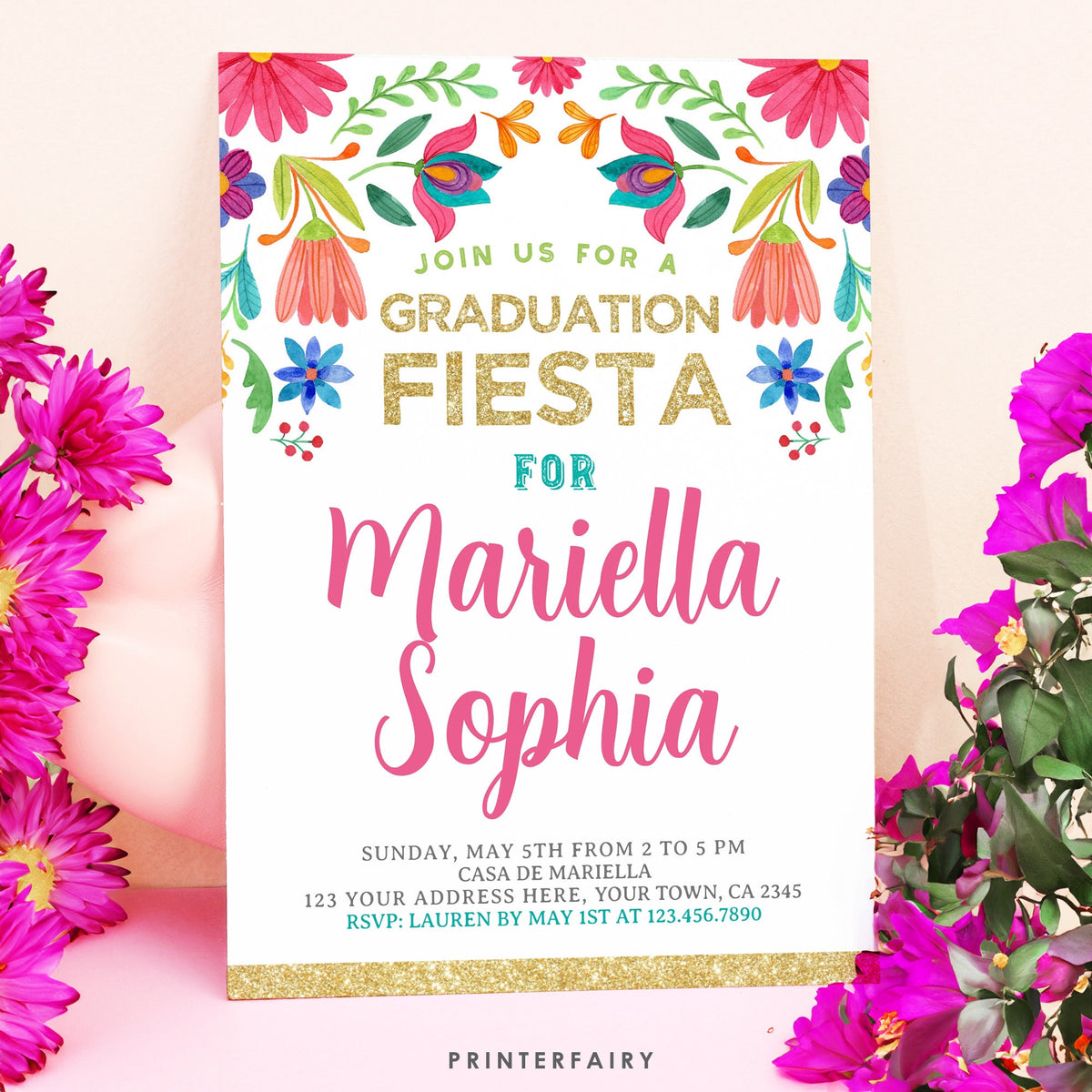 Mexican Fiesta Graduation Invitation, Floral, Editable (Instant Download)