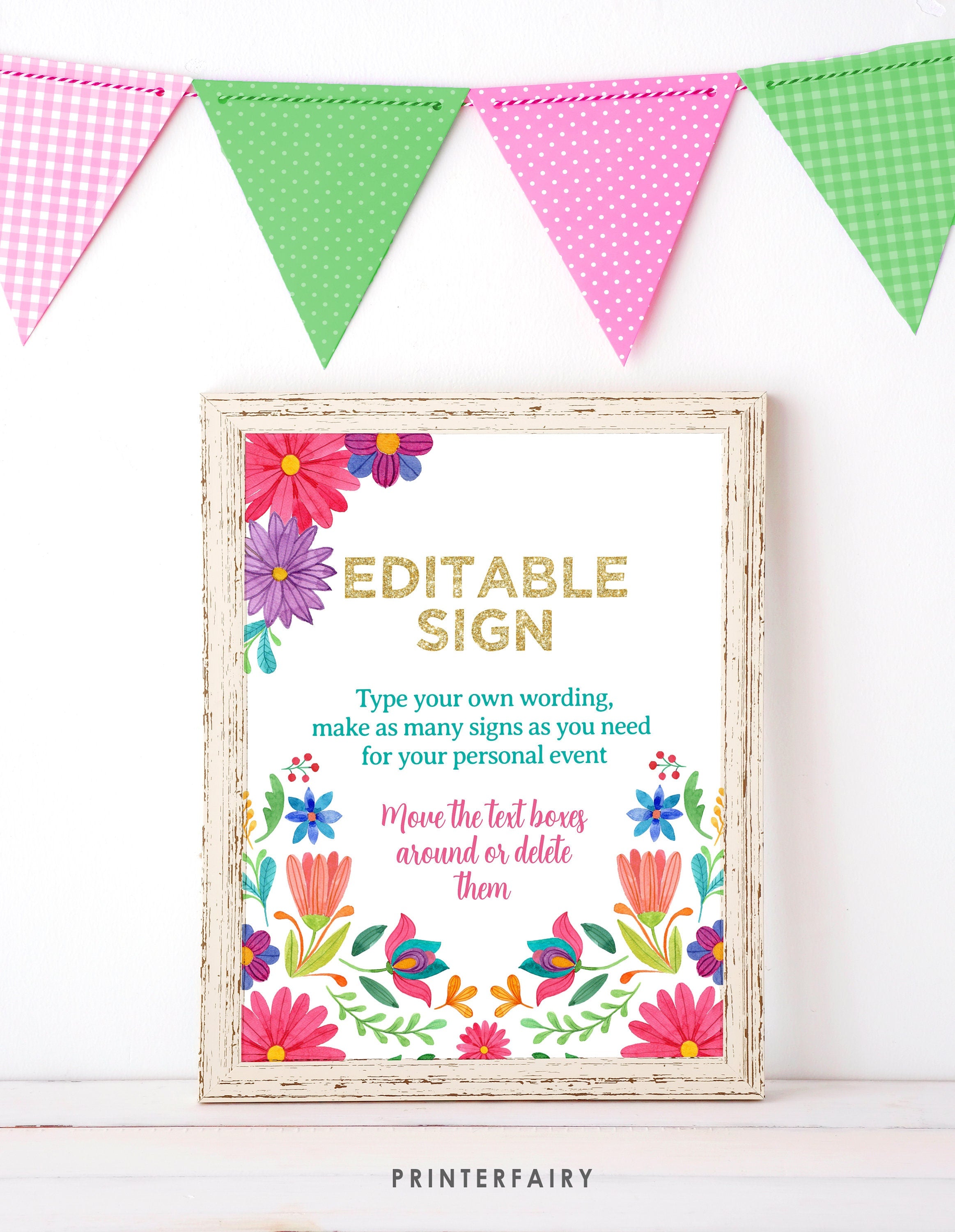 Mexican Fiesta Sign, Editable Floral Party Decoration (Digital)