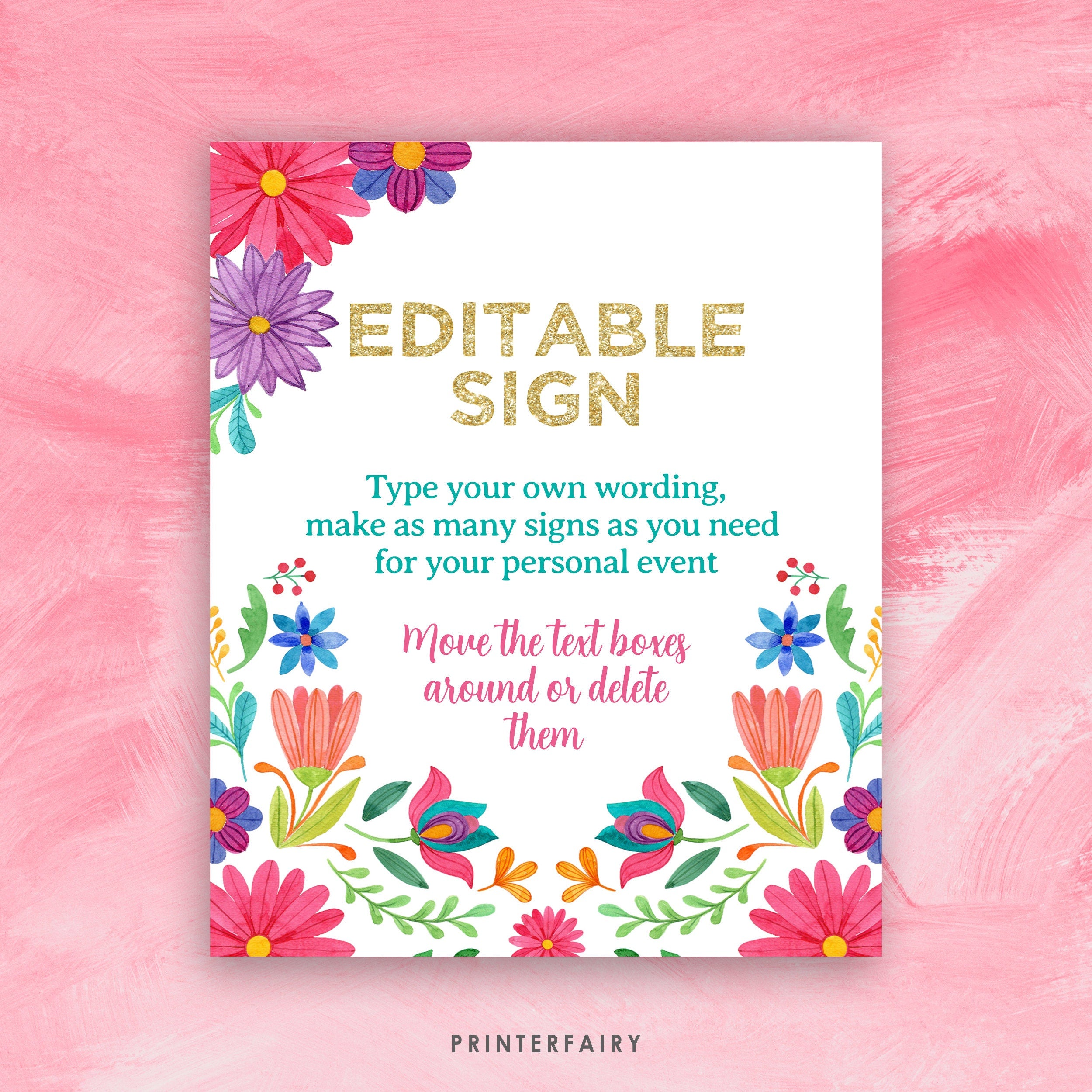 Mexican Fiesta Sign, Editable Floral Party Decoration (Digital)