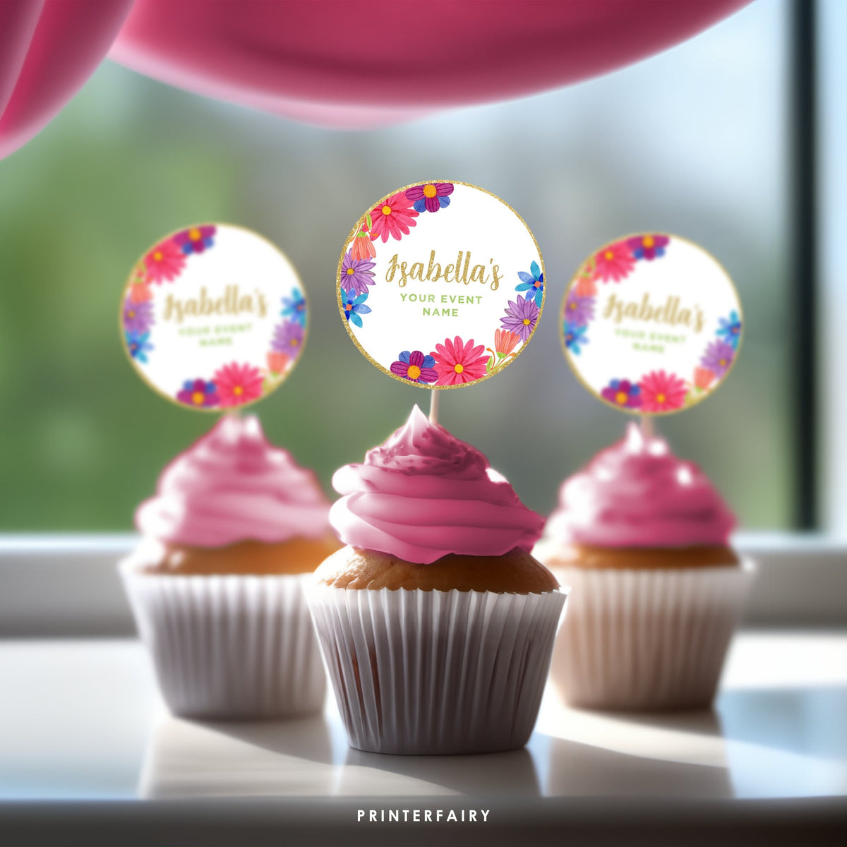 Mexican Fiesta Cupcake Toppers, Editable Floral Party Decoration (Digital)