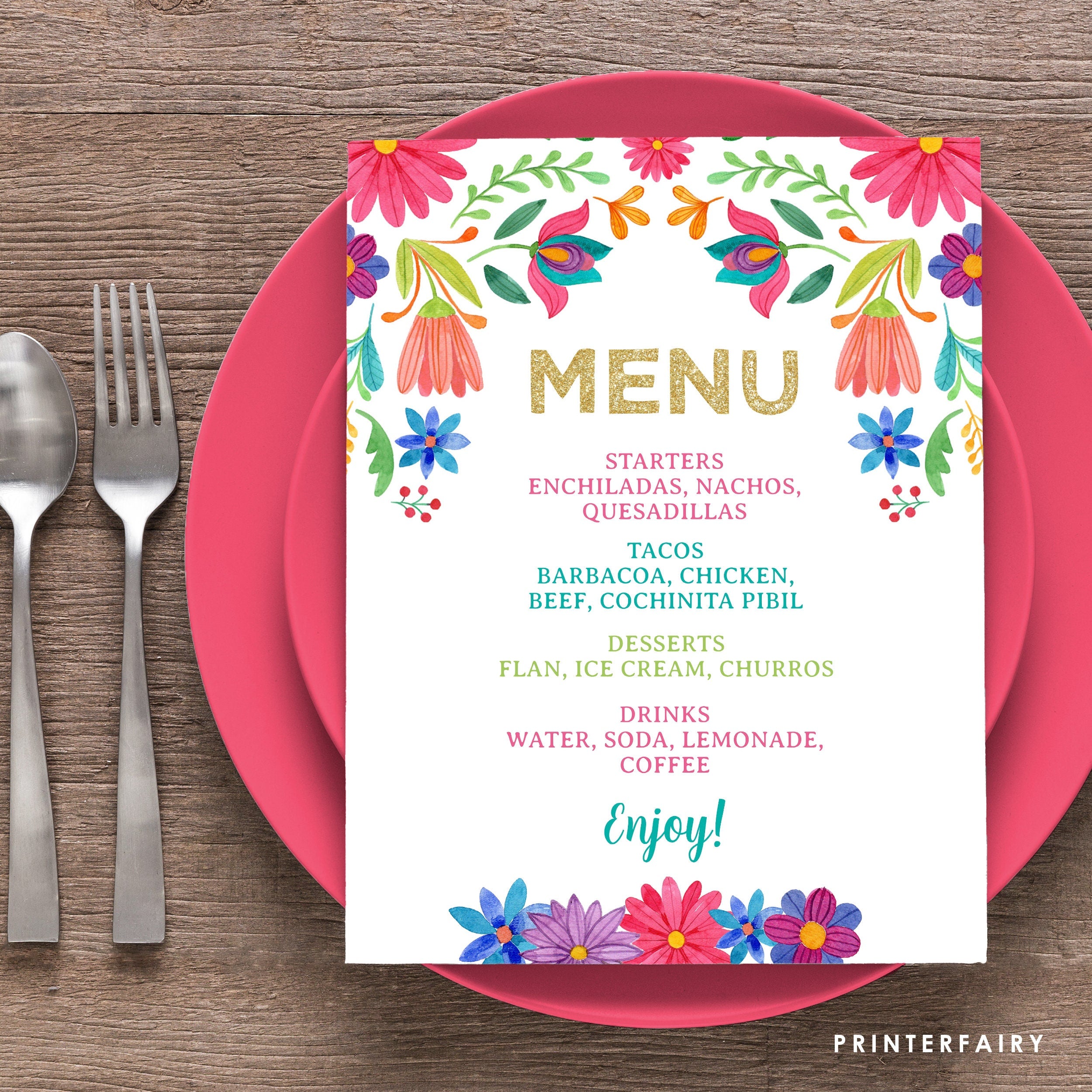 Mexican Fiesta Menu, Editable Floral Party Decoration (Digital Download)