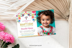 Mexican Floral Baptism Birthday Invitation with Photo (Editable Digital Item)