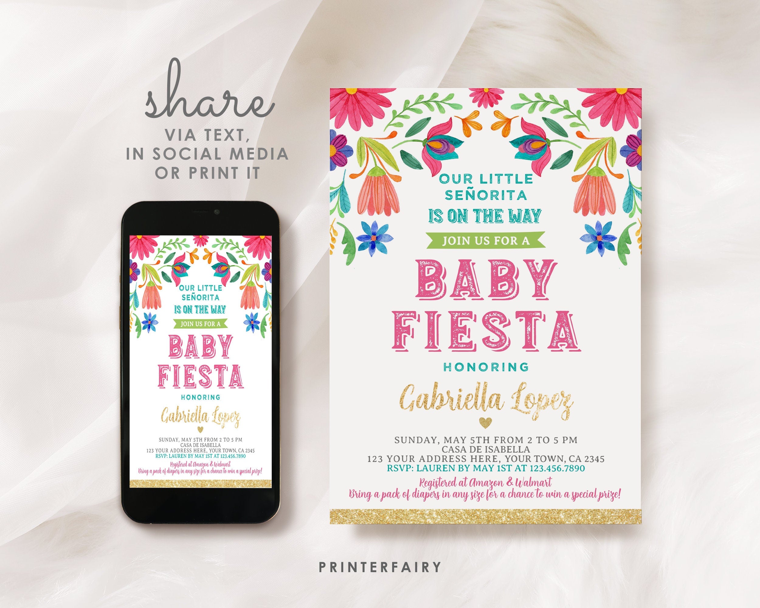 Editable Fiesta Baby Shower Invitation, Mexican Floral (Digital Download)