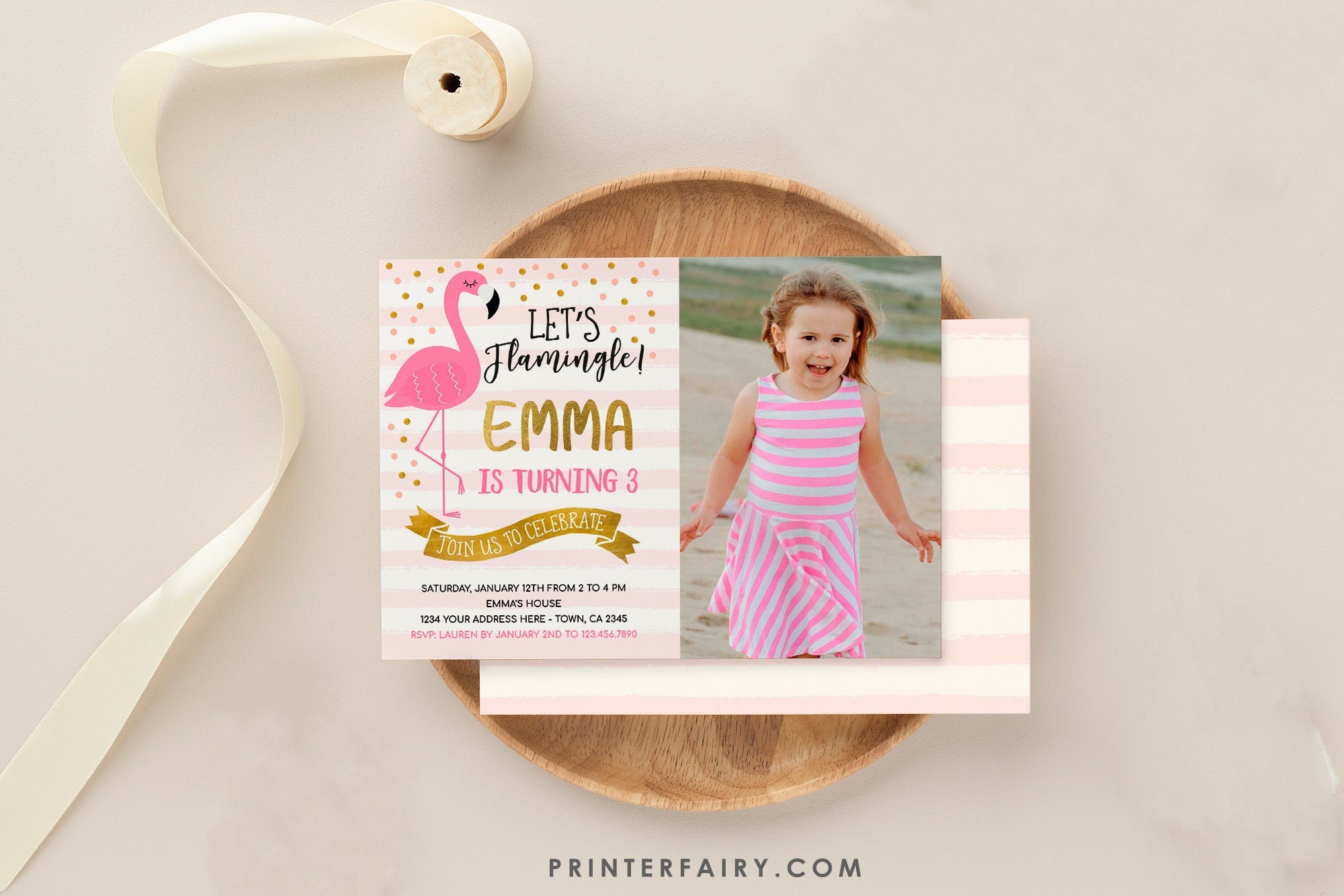 Flamingo Birthday Invitation with Photo, Editable Template (Digital Download)
