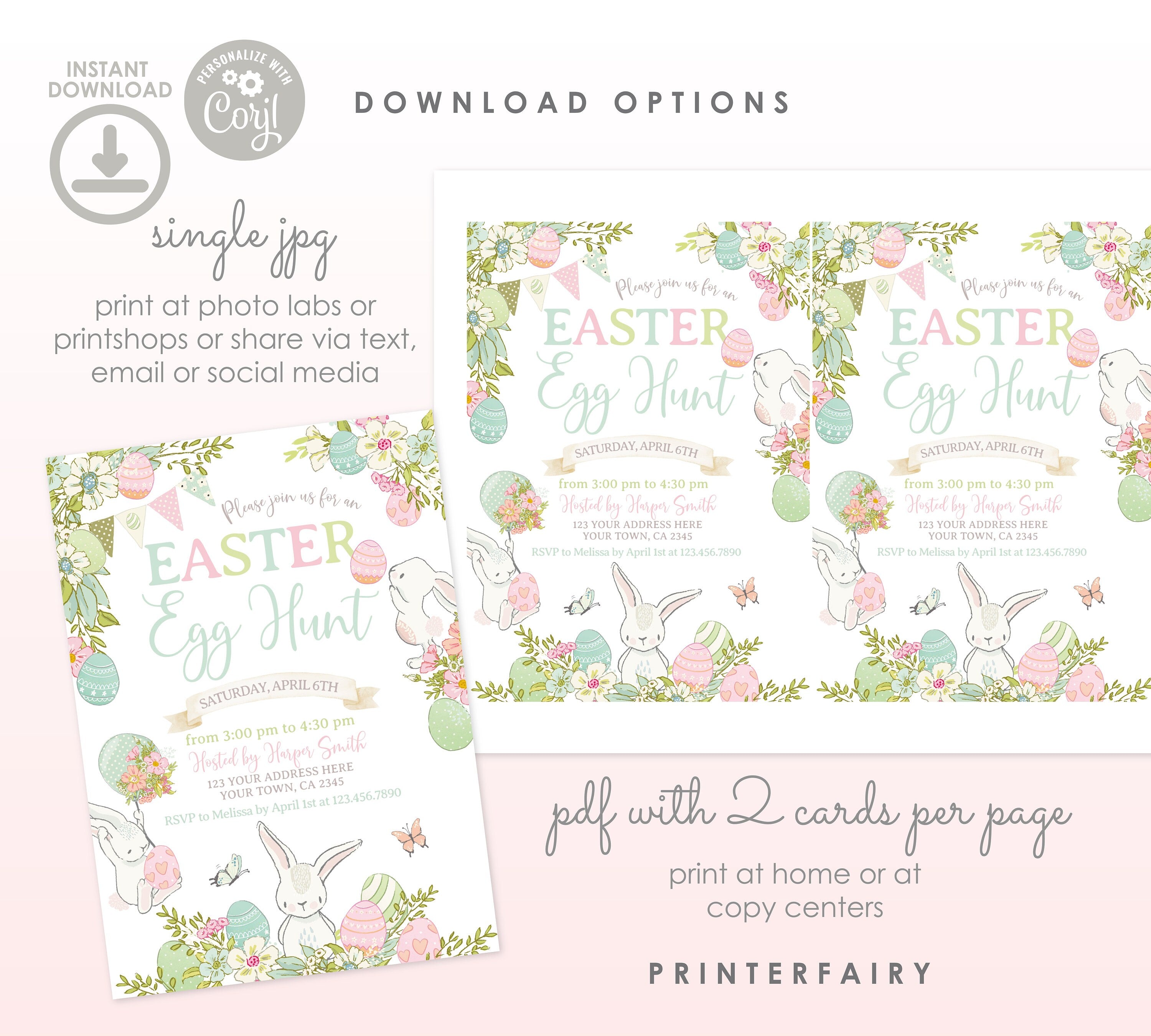 Editable Easter Egg Hunt Invitation, Bunny Party Invite (Instant Download)