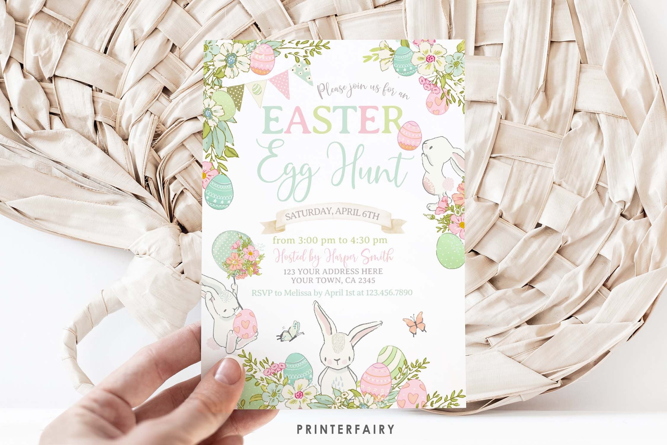 Editable Easter Egg Hunt Invitation, Bunny Party Invite (Instant Download)