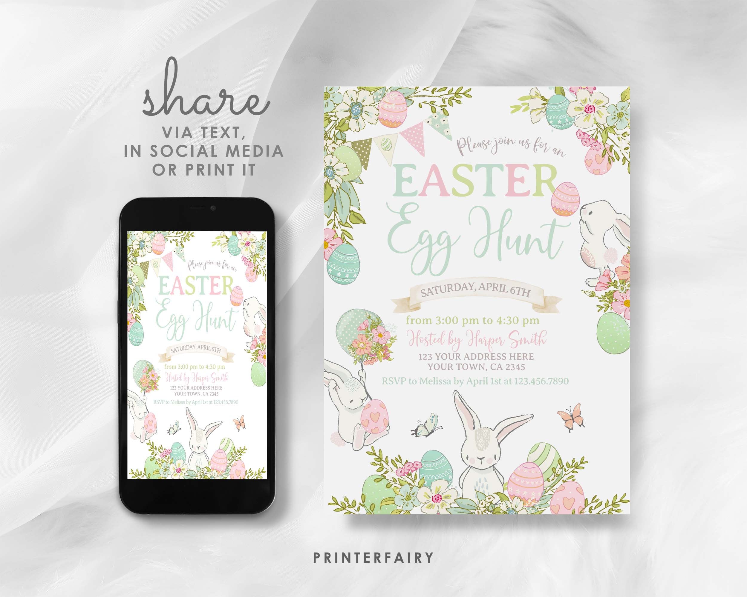 Editable Easter Egg Hunt Invitation, Bunny Party Invite (Instant Download)