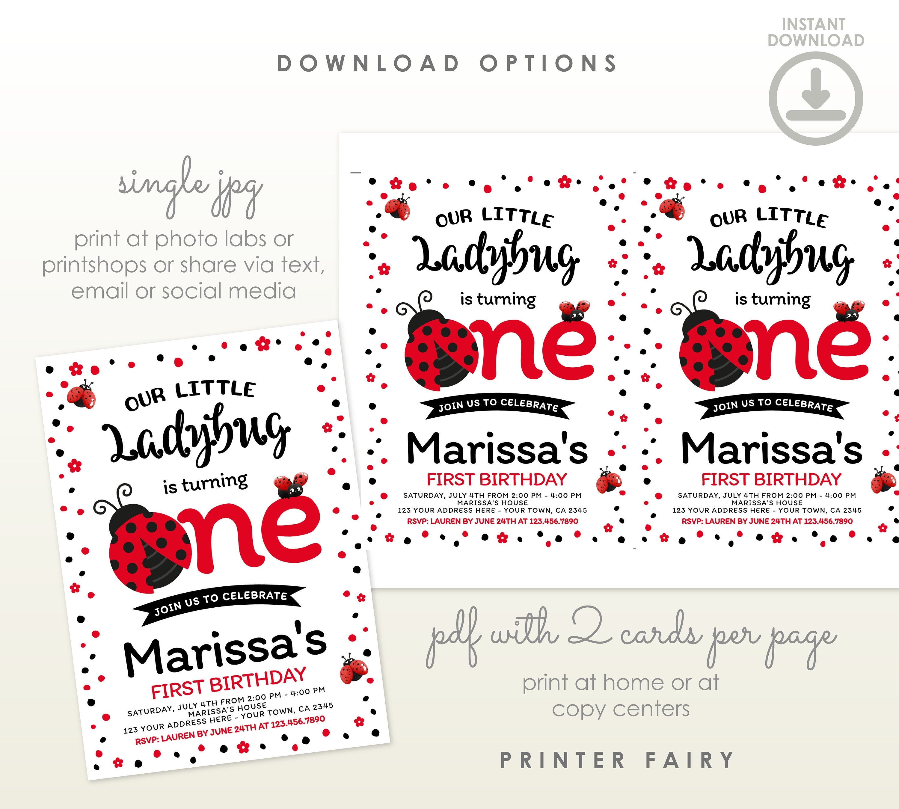 Ladybug First Birthday Invitation, Editable Template (Digital Download)