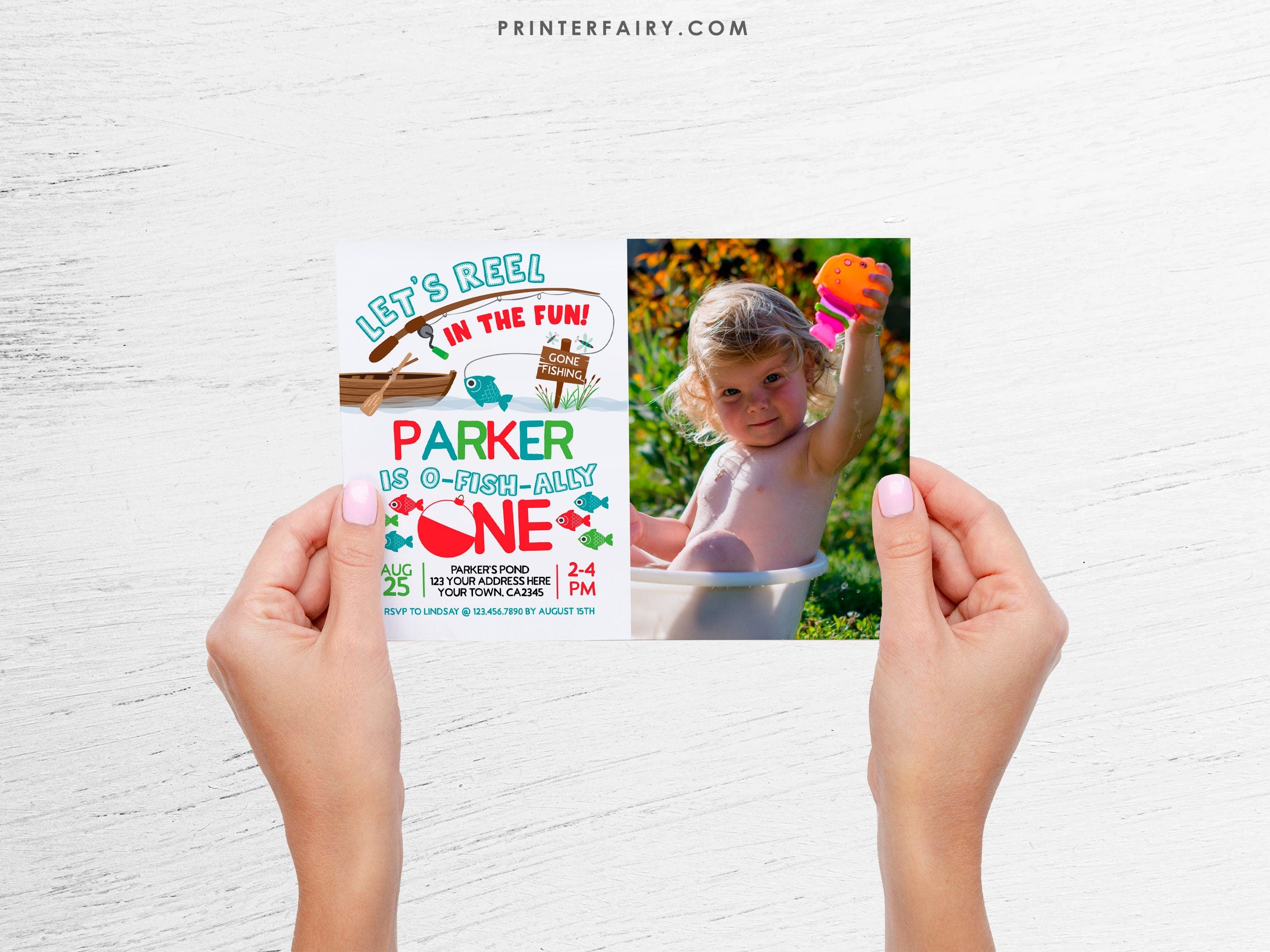 Fishing First Birthday Invitation with Photo, Editable Digital Download