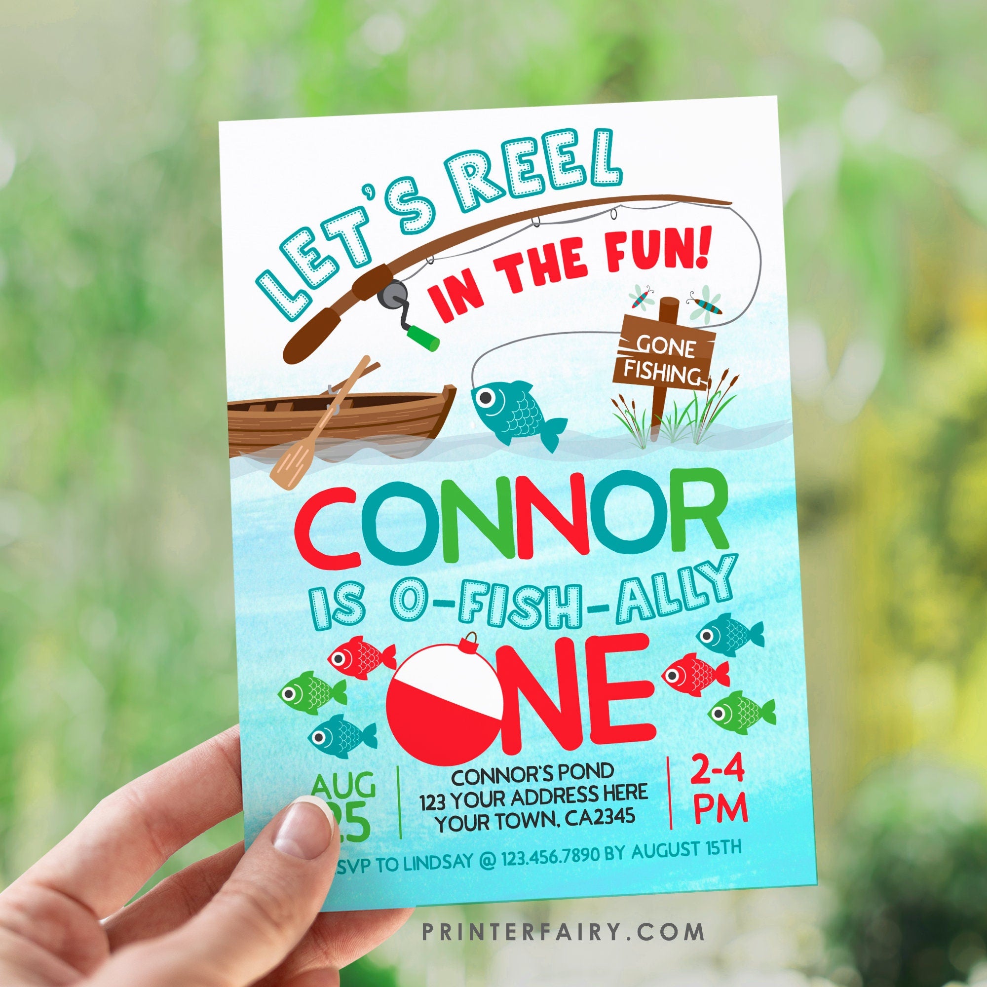 Fishing First Birthday Invitation, O-Fish-ally One Party, Gone Fishing Theme (Digital Download)
