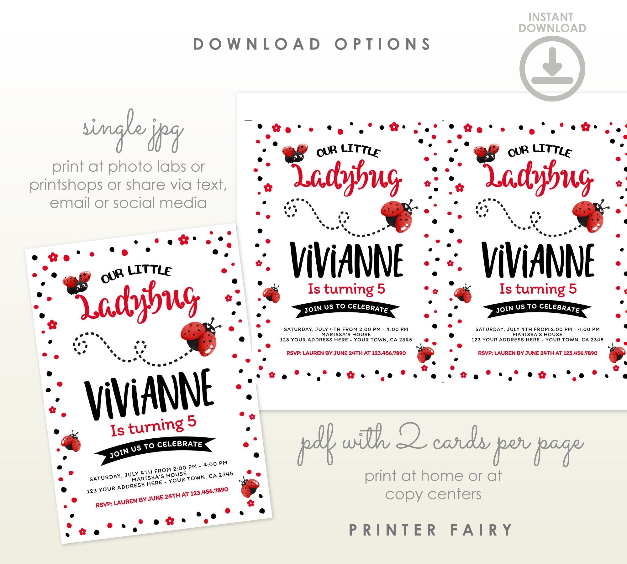 Ladybug Birthday Invitation, Spring Party (Editable Digital Download)