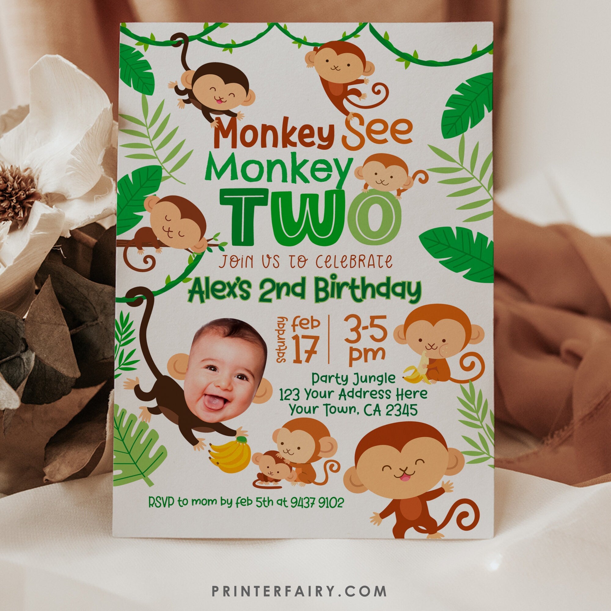 Monkey Photo Birthday Invitation, Jungle Party Invite (Digital Invitation)