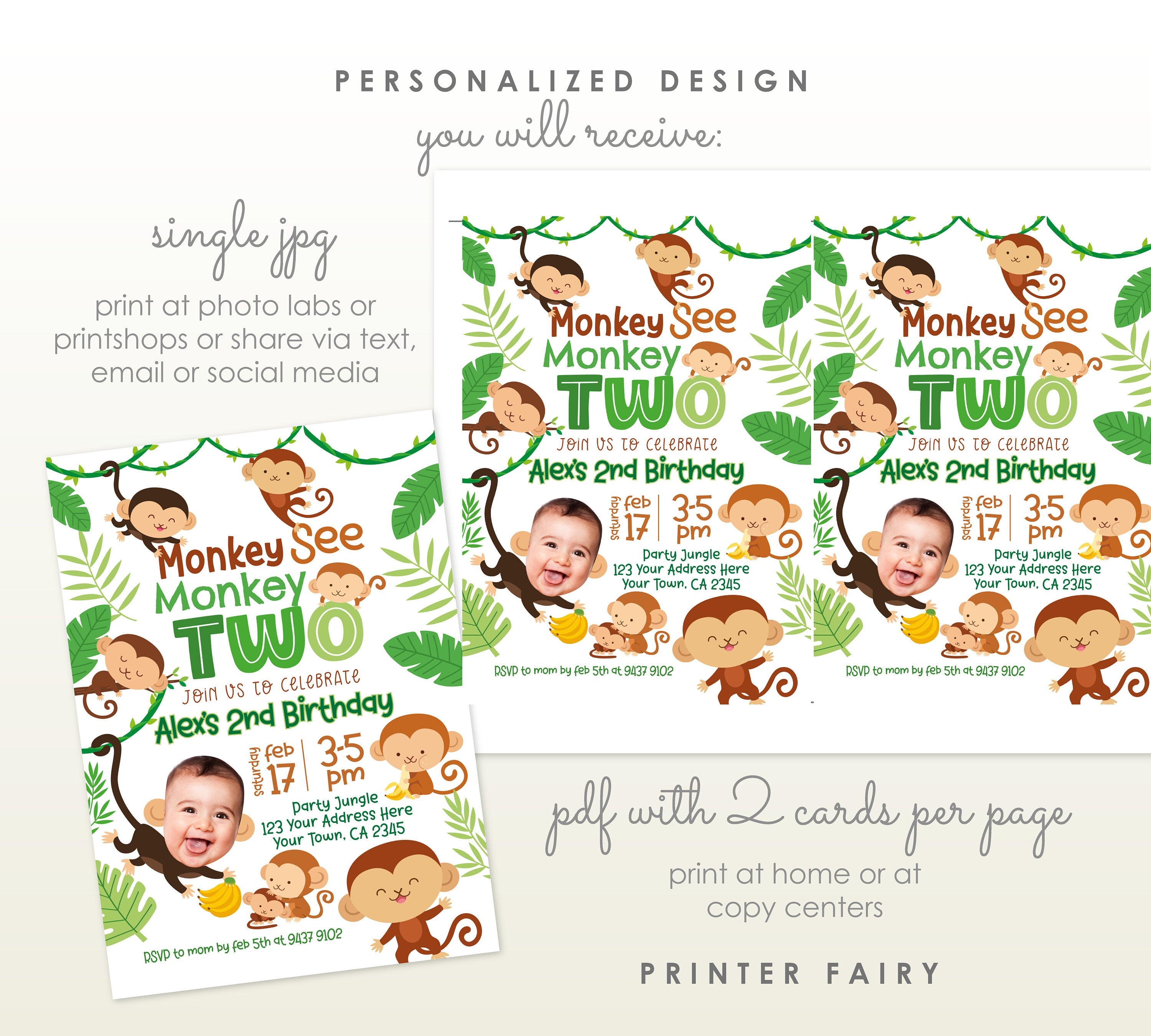 Monkey Photo Birthday Invitation, Jungle Party Invite (Digital Invitation)