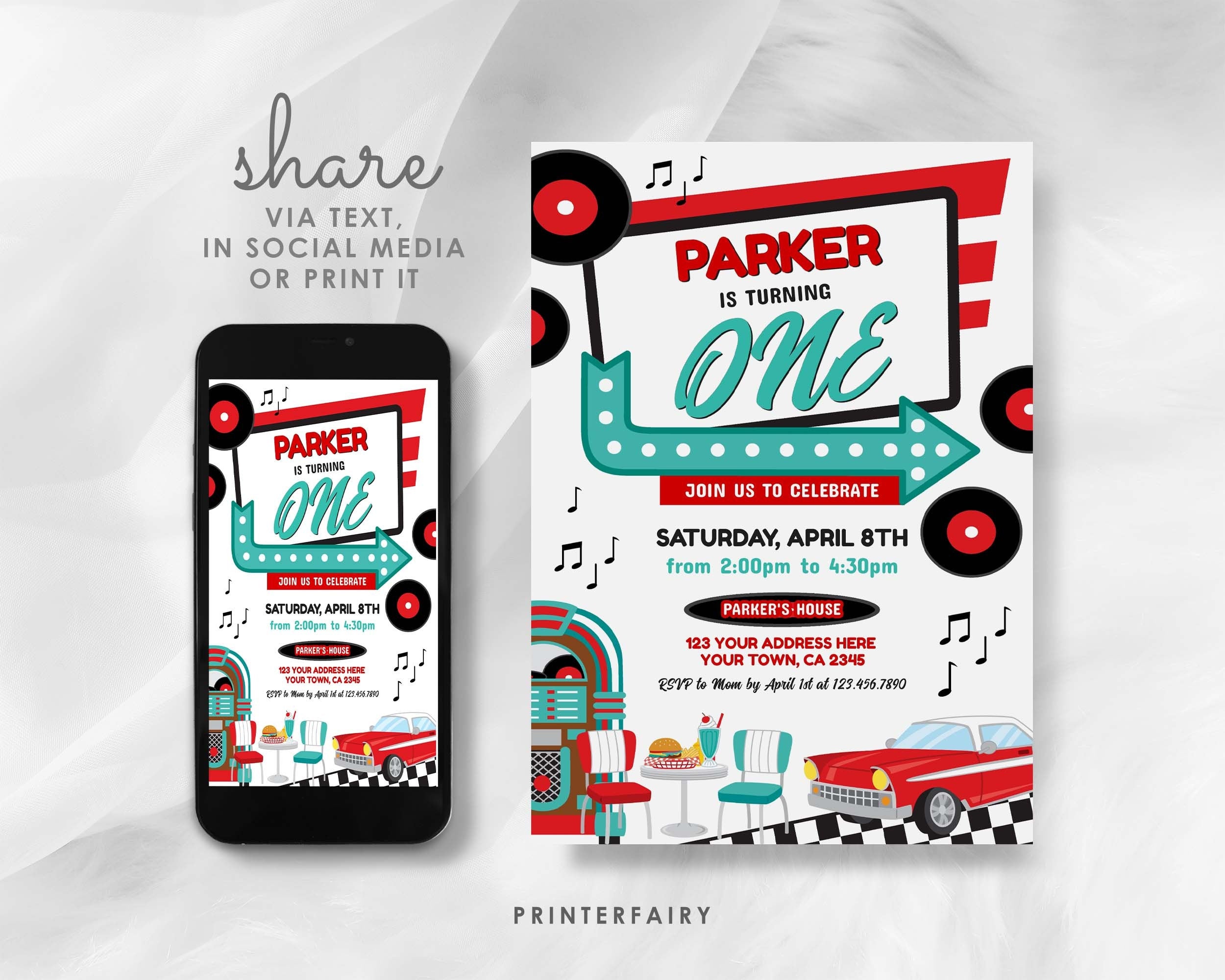 Diner First Birthday Invitation Editable Template, American Diner Retro Party Theme, INSTANT DOWNLOAD