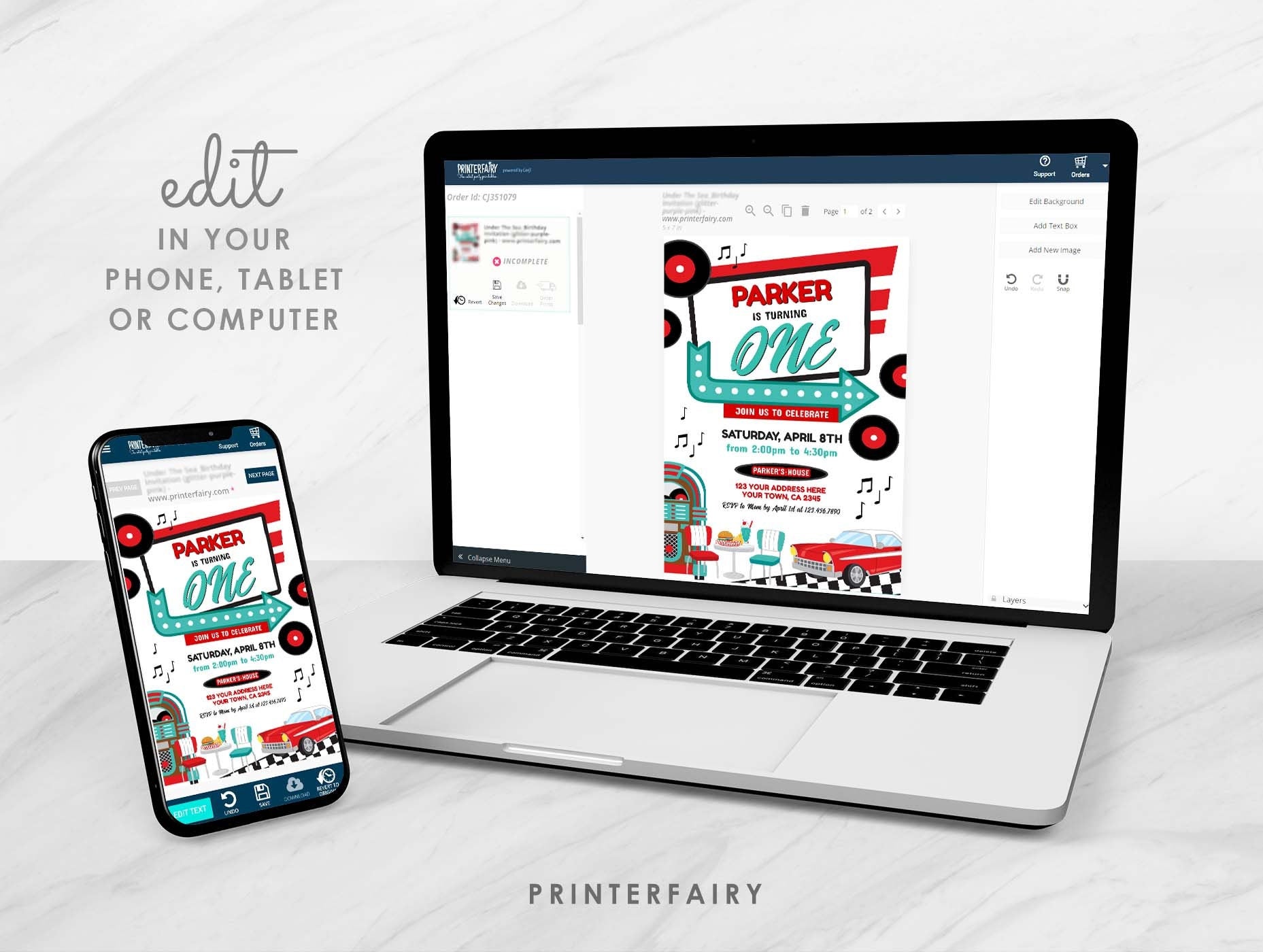 Diner First Birthday Invitation Editable Template, American Diner Retro Party Theme, INSTANT DOWNLOAD