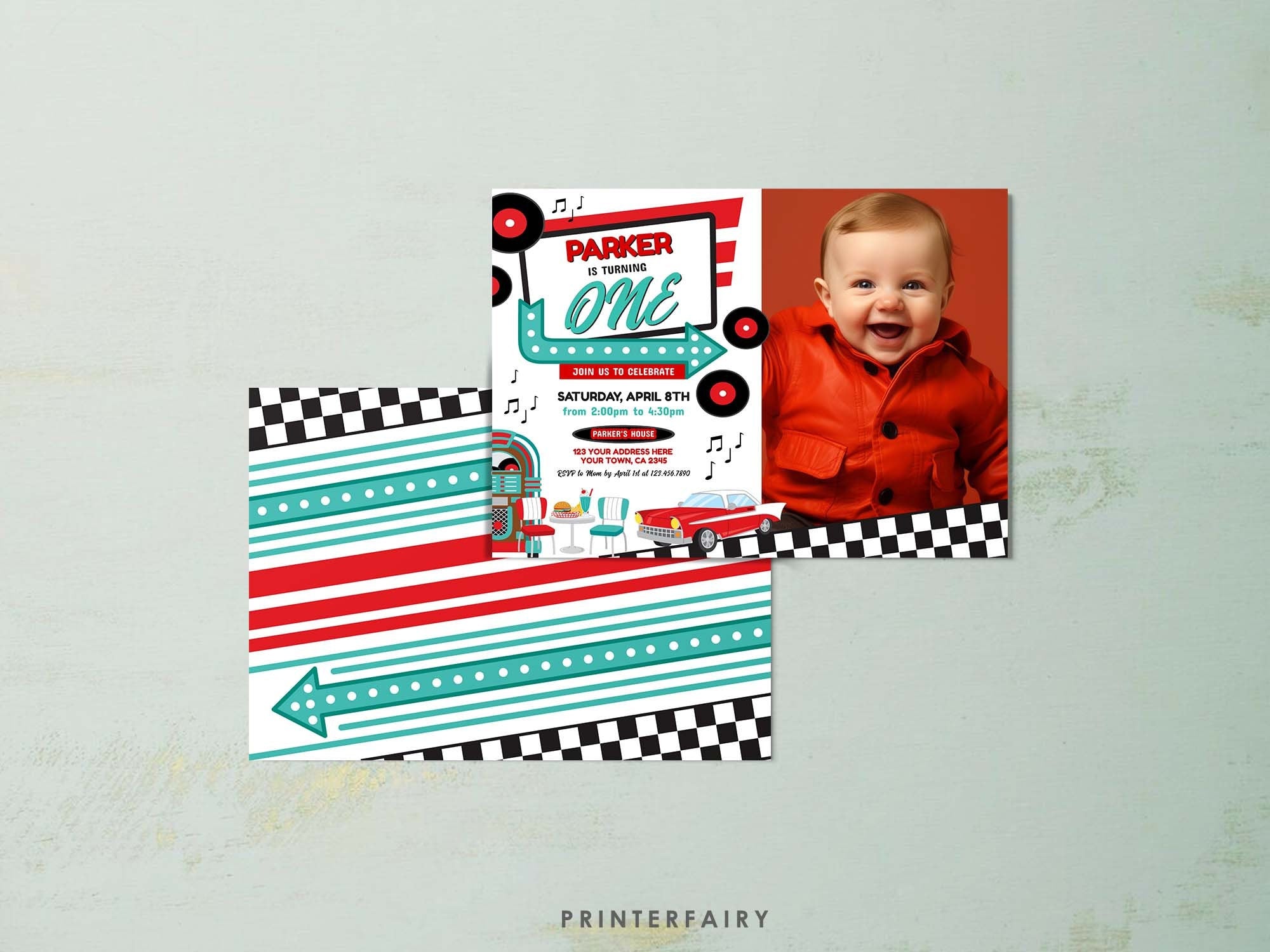 Diner First Birthday Invitation with Photo, Retro 1950's Party (Digital Download)