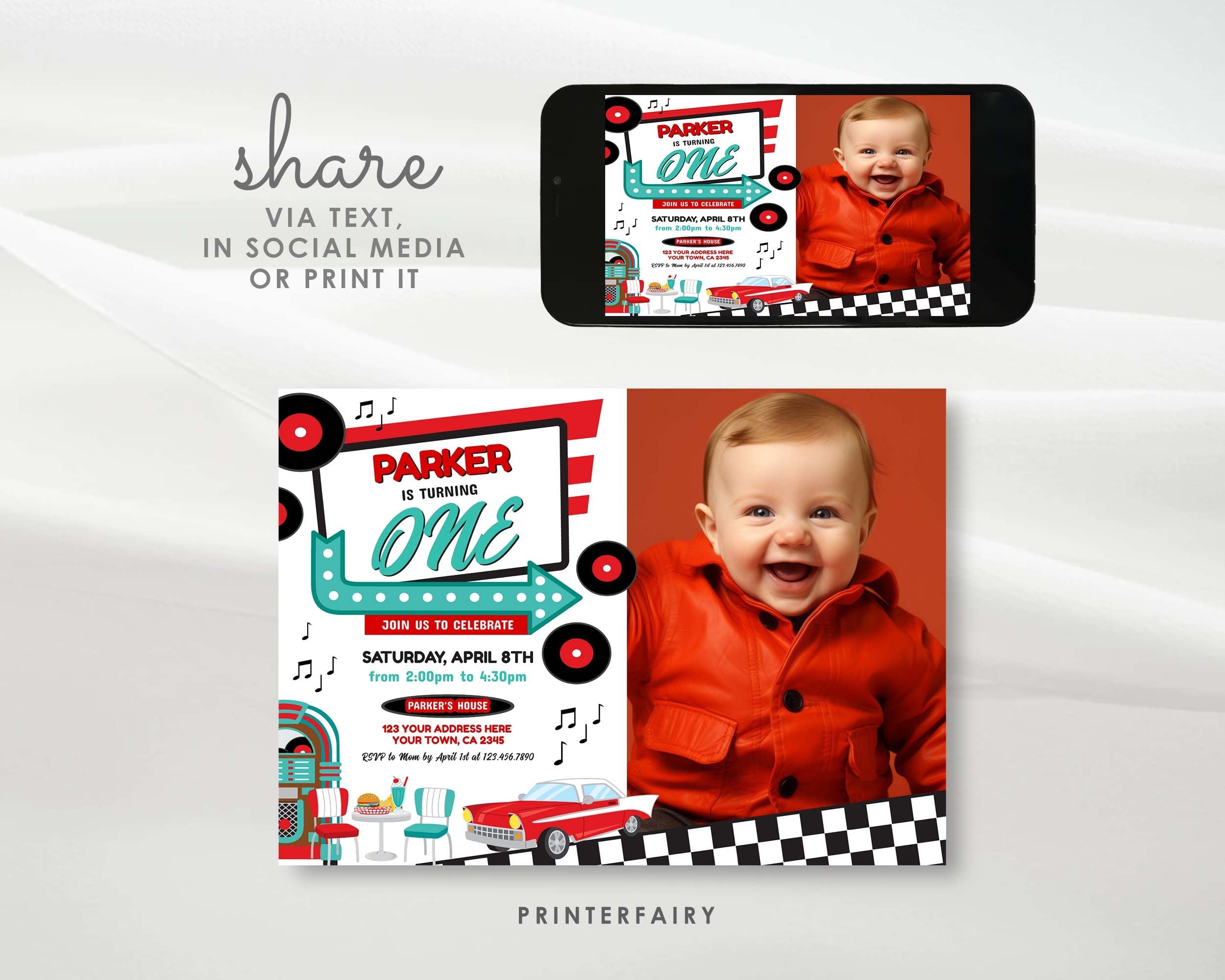 Diner First Birthday Invitation with Photo, Retro 1950's Party (Digital Download)