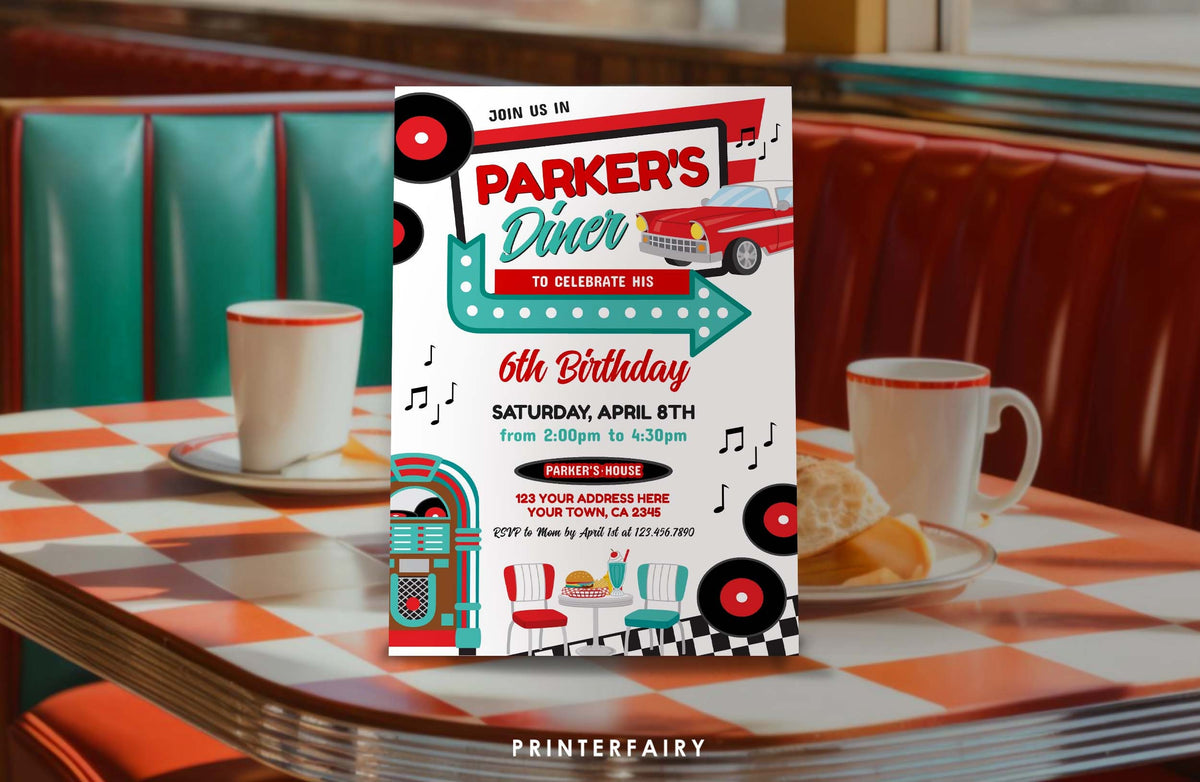 Retro Diner Birthday Invitation, 1950s Theme (Editable)
