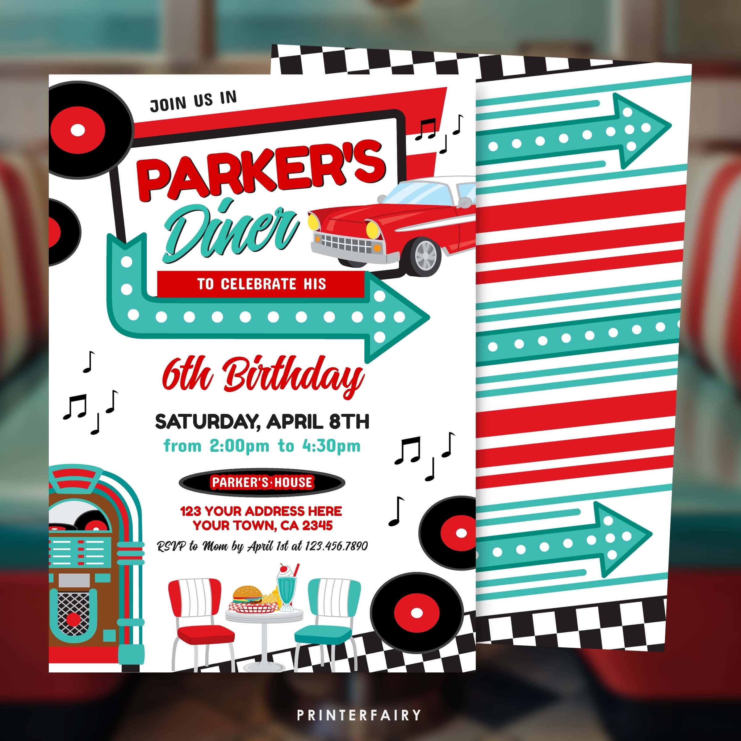 Retro Diner Birthday Invitation, 1950s Theme (Editable)