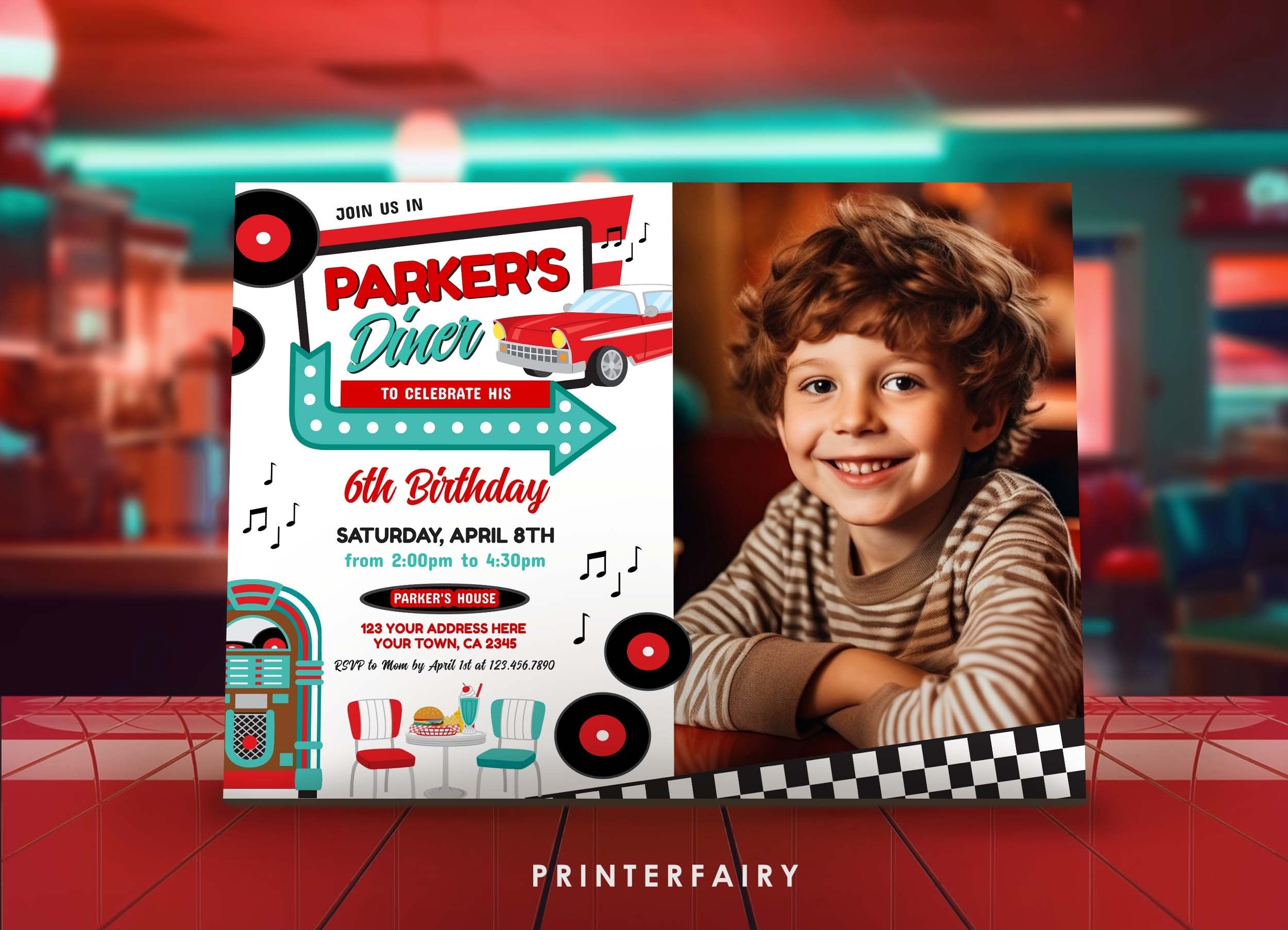 Retro Diner Birthday Invitation with Photo, Editable 1950s Party (Digital Item)