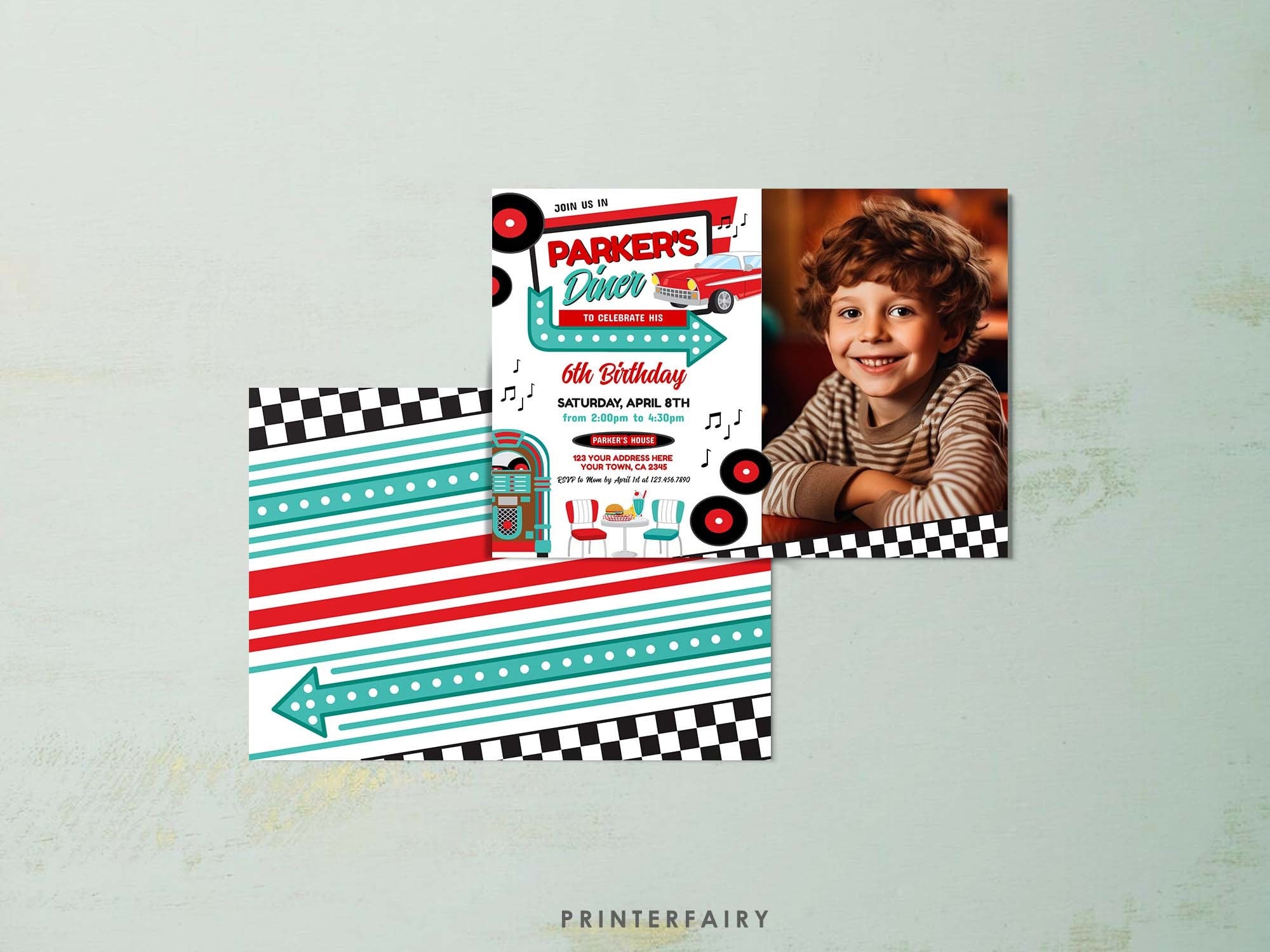 Retro Diner Birthday Invitation with Photo, Editable 1950s Party (Digital Item)