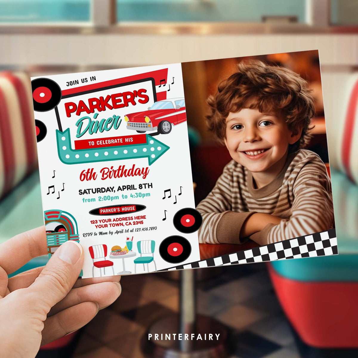 Retro Diner Birthday Invitation with Photo, Editable 1950s Party (Digital Item)
