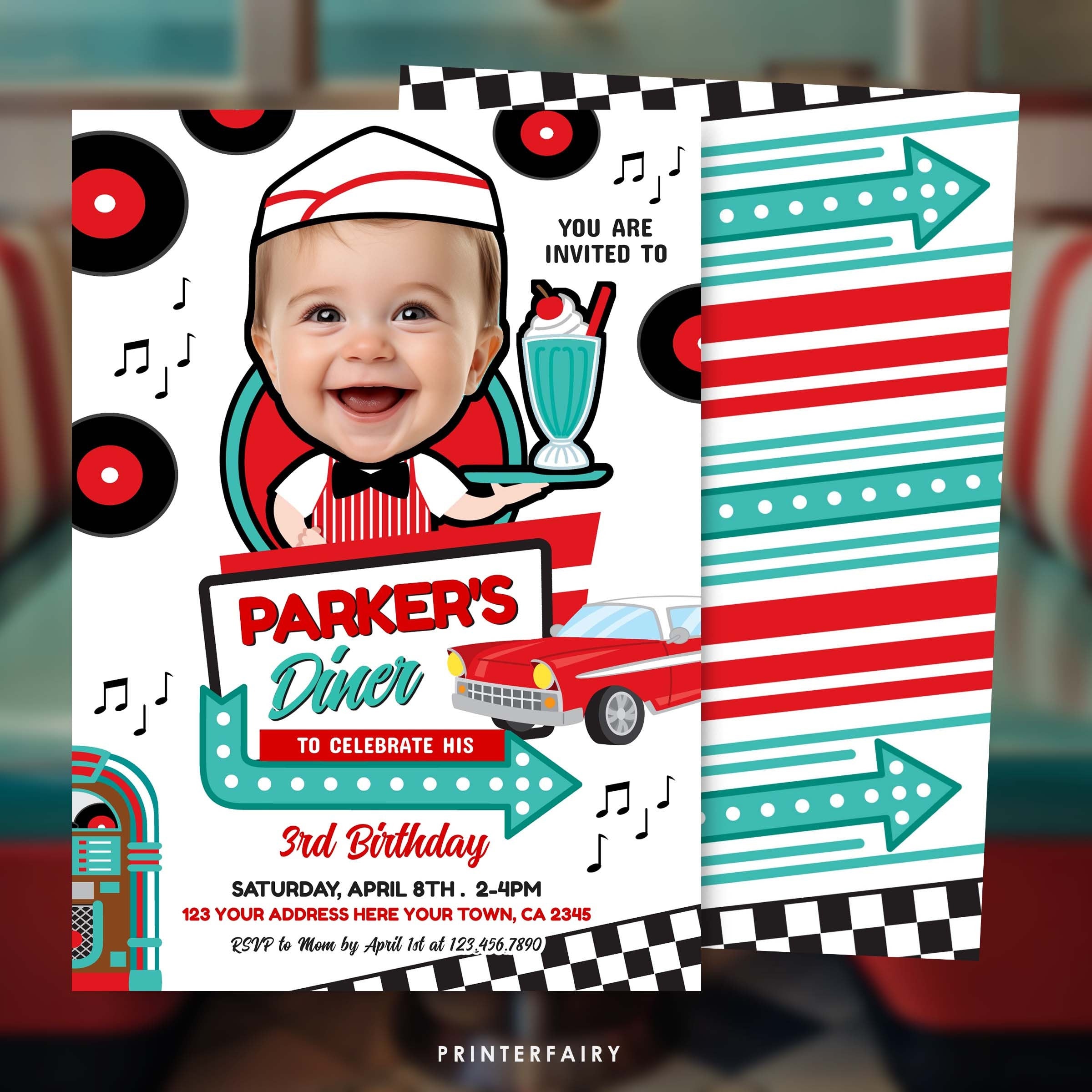 Diner Birthday Invitation with Photo Editable Template for Any Age, INSTANT DOWNLOAD