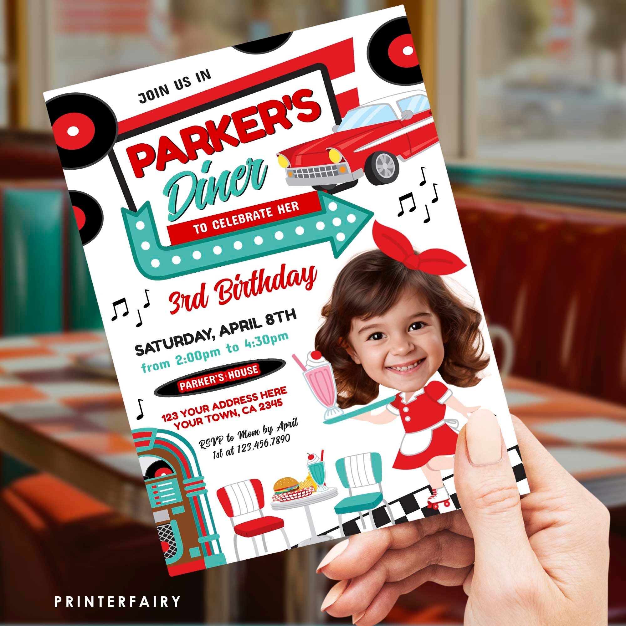 Diner Birthday Invitation with Photo, Editable Template (Digital Download)
