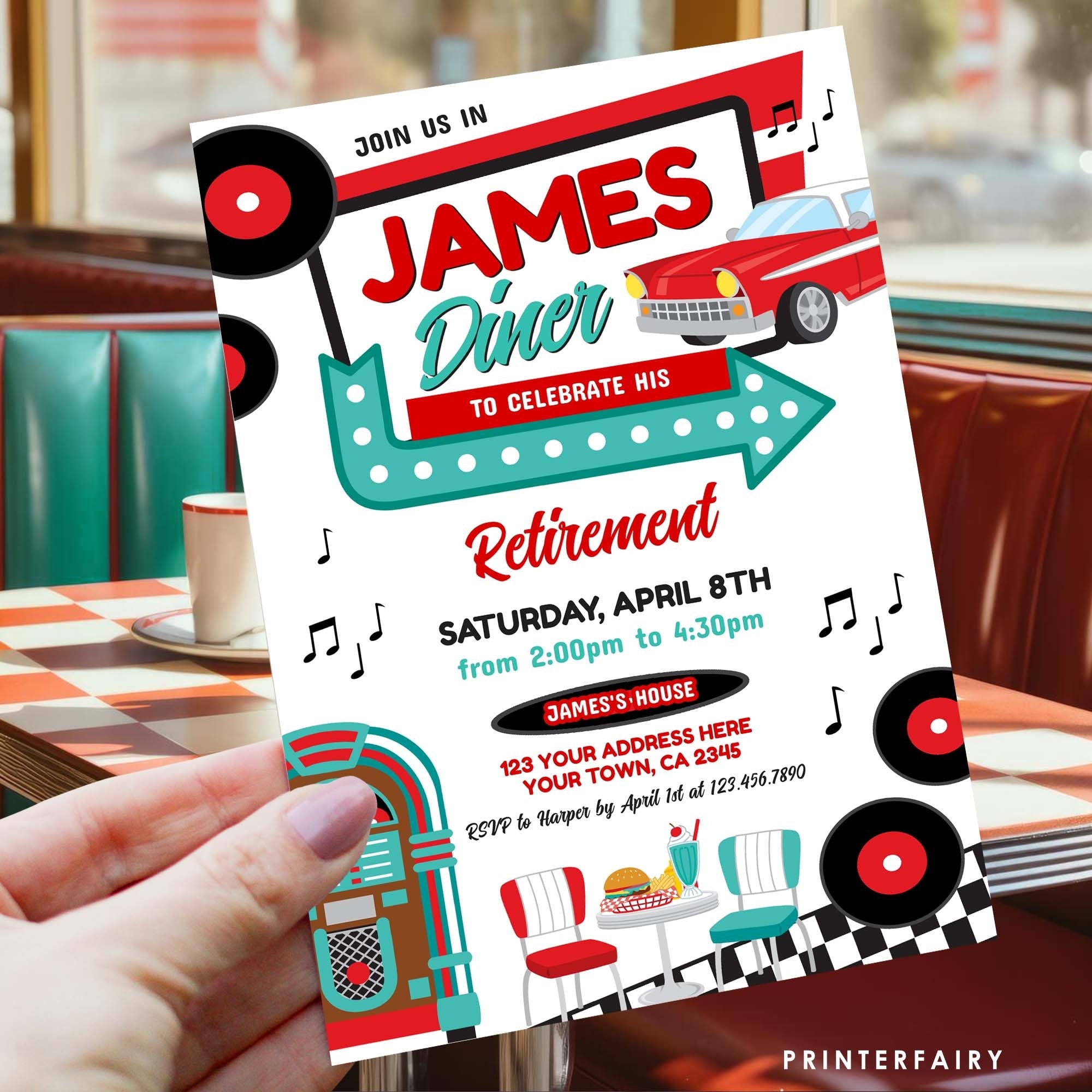 Diner Retirement Party Invitation, 1950's Retro Theme, Editable Template (Instant Download)
