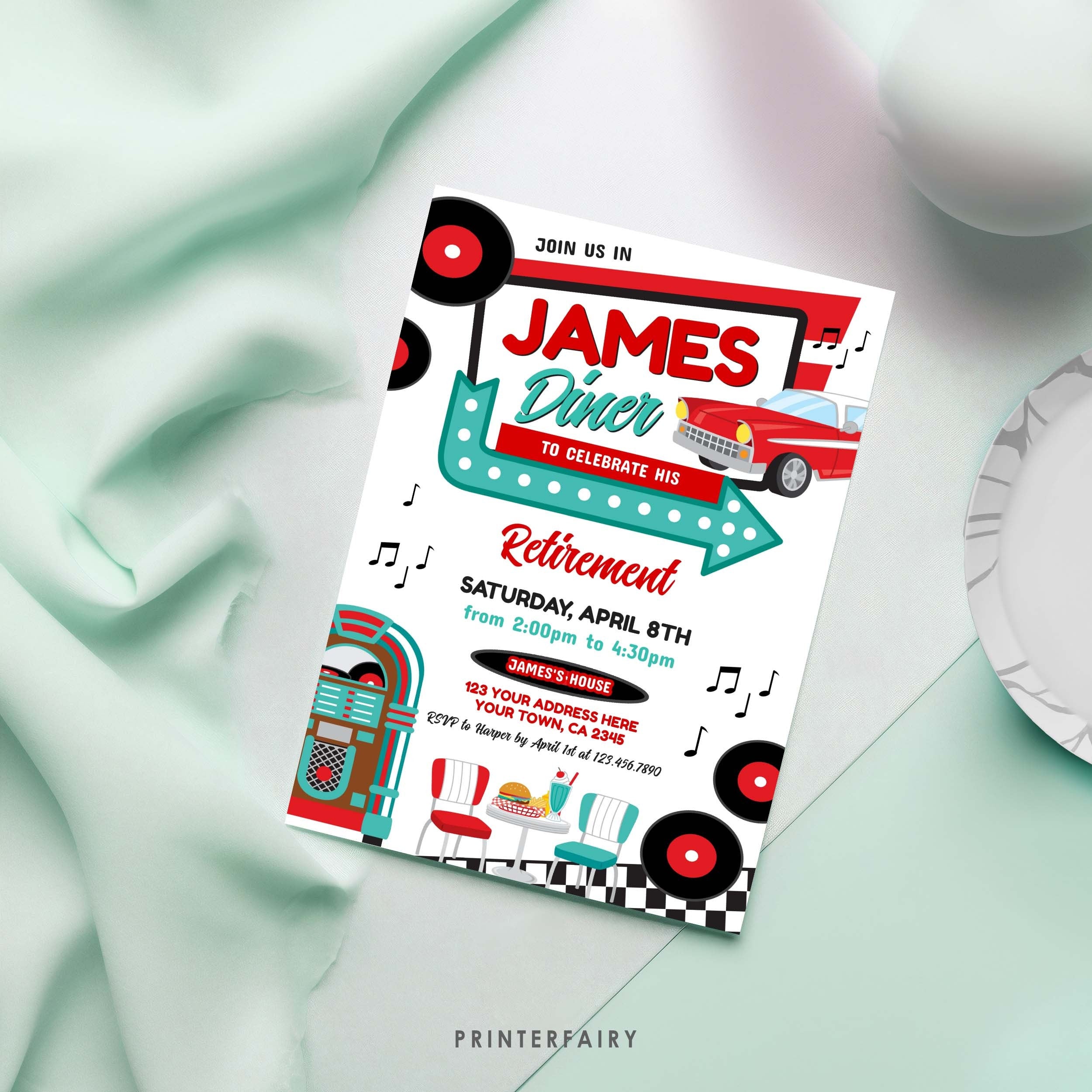 Diner Retirement Party Invitation, 1950's Retro Theme, Editable Template (Instant Download)