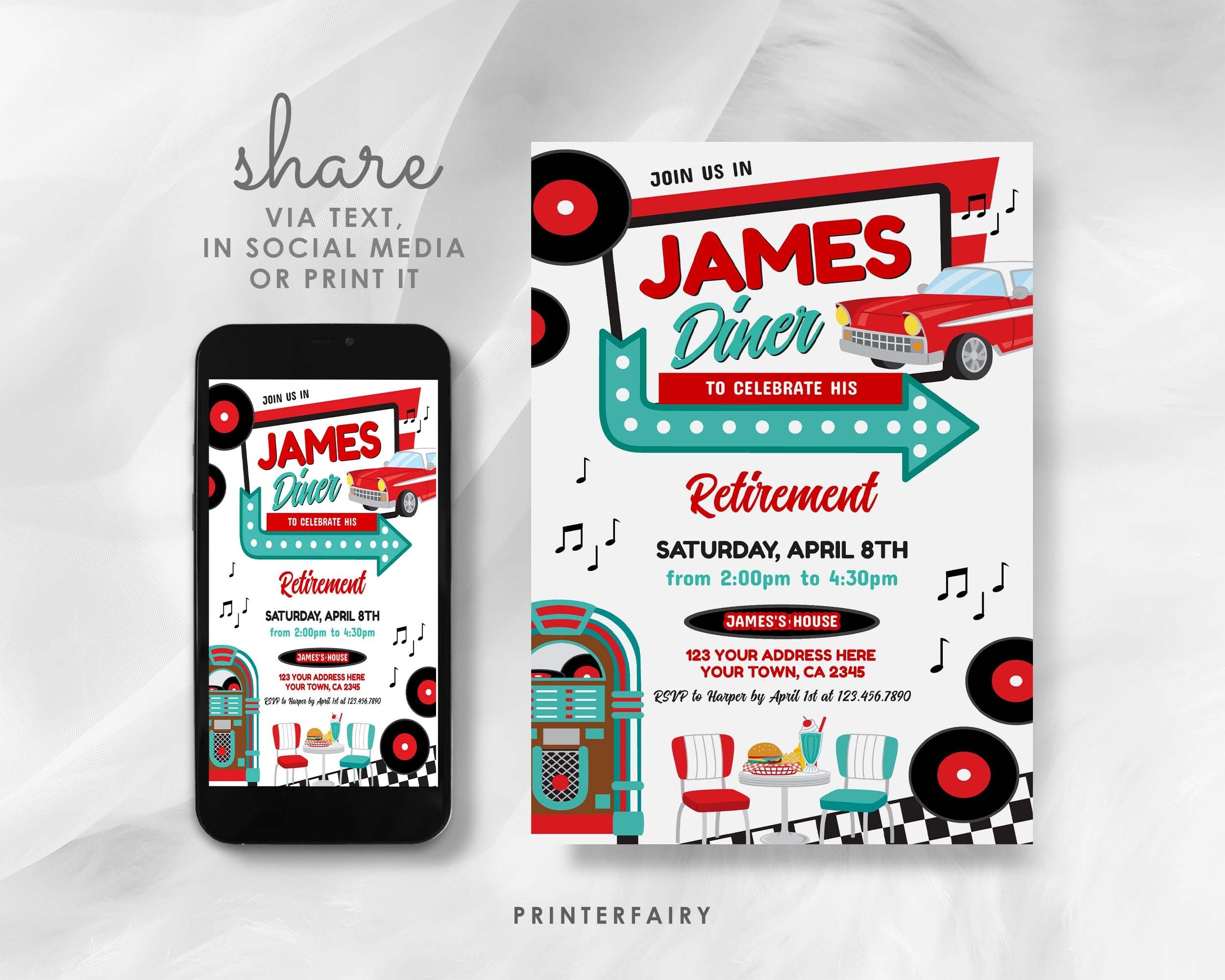 Diner Retirement Party Invitation, 1950's Retro Theme, Editable Template (Instant Download)