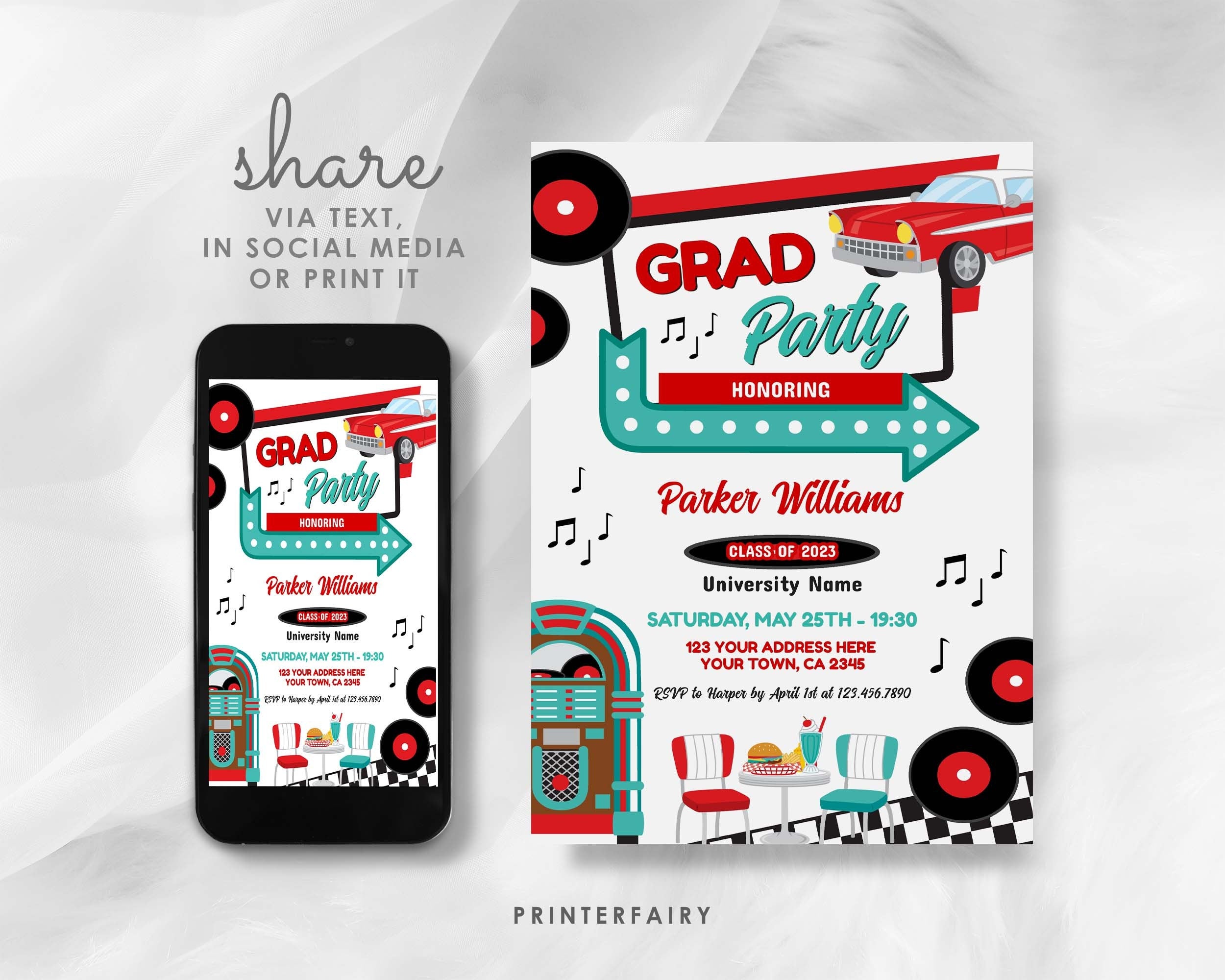Diner Graduation Party Invitation, Retro Midcentury Theme (Digital Download)