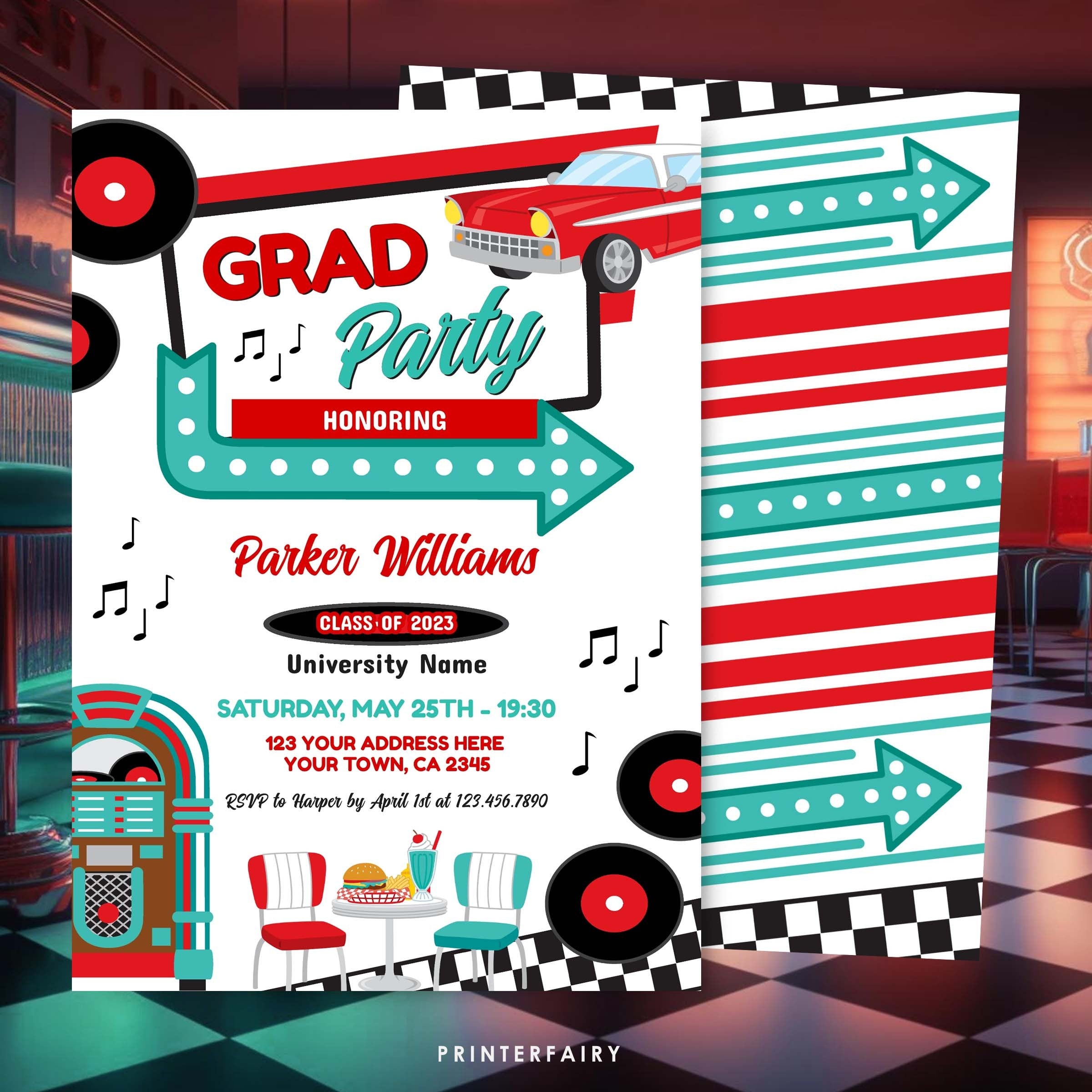 Diner Graduation Party Invitation, Retro Midcentury Theme (Digital Download)