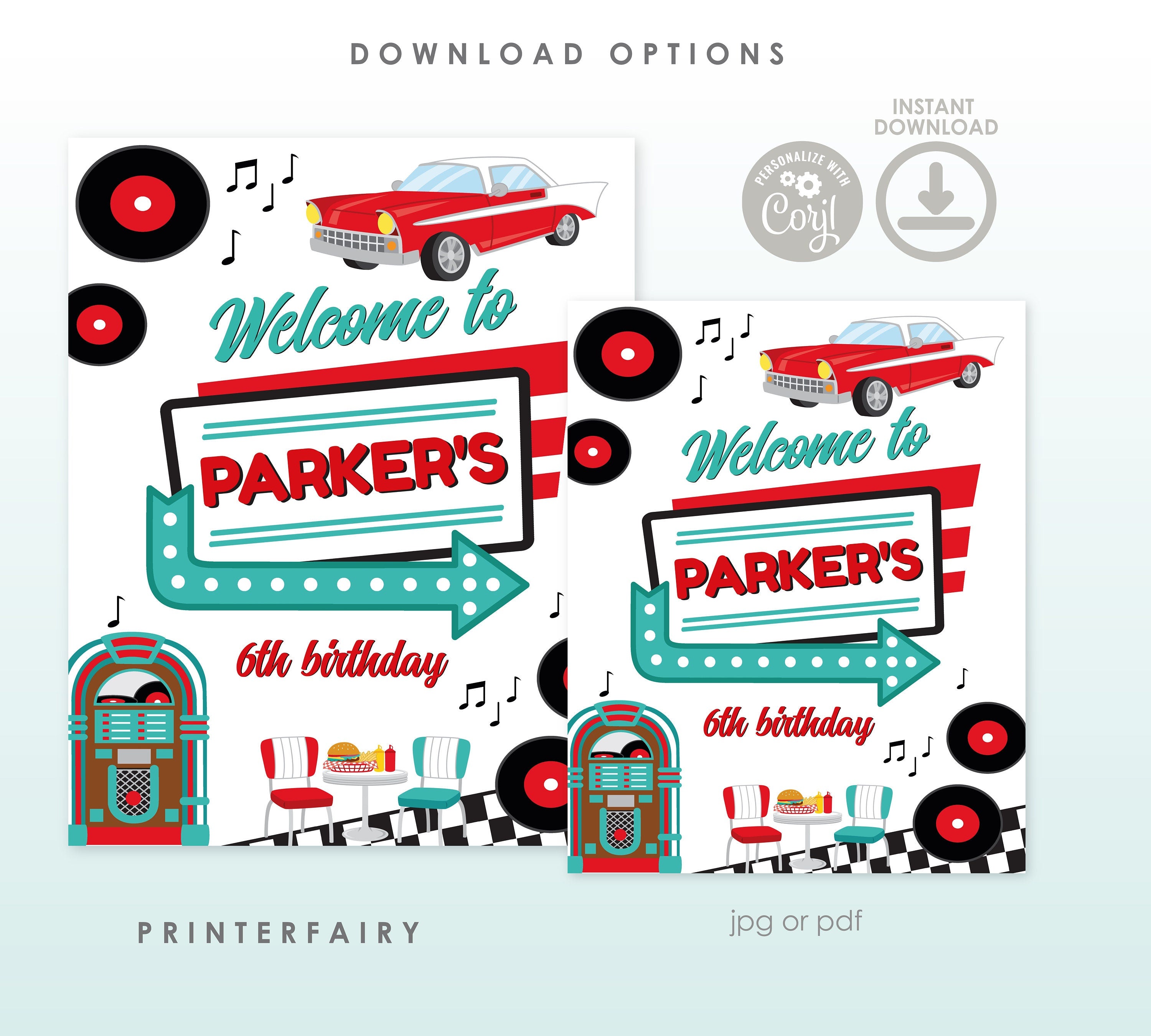 Diner Graduation Party Bundle, Editable Invitation, Signs, Menu (Digital Download)