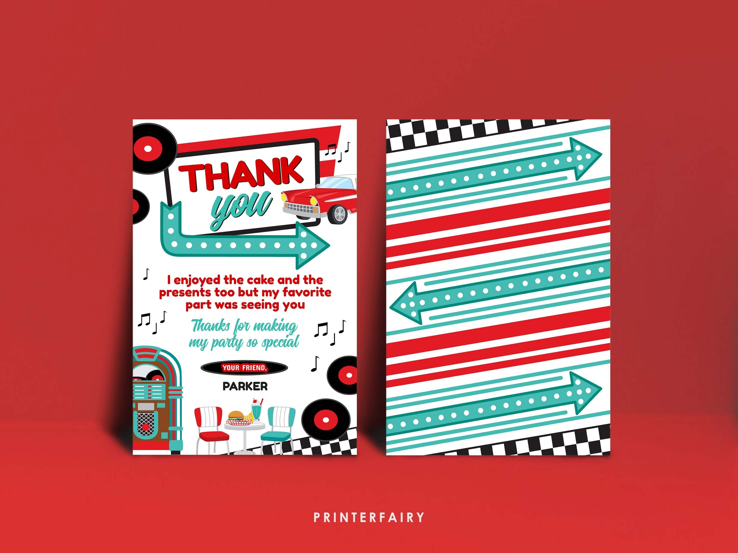 Diner Thank You Card, 1950s Soda Shop Theme Party, Retro Birthday (Digital Download)