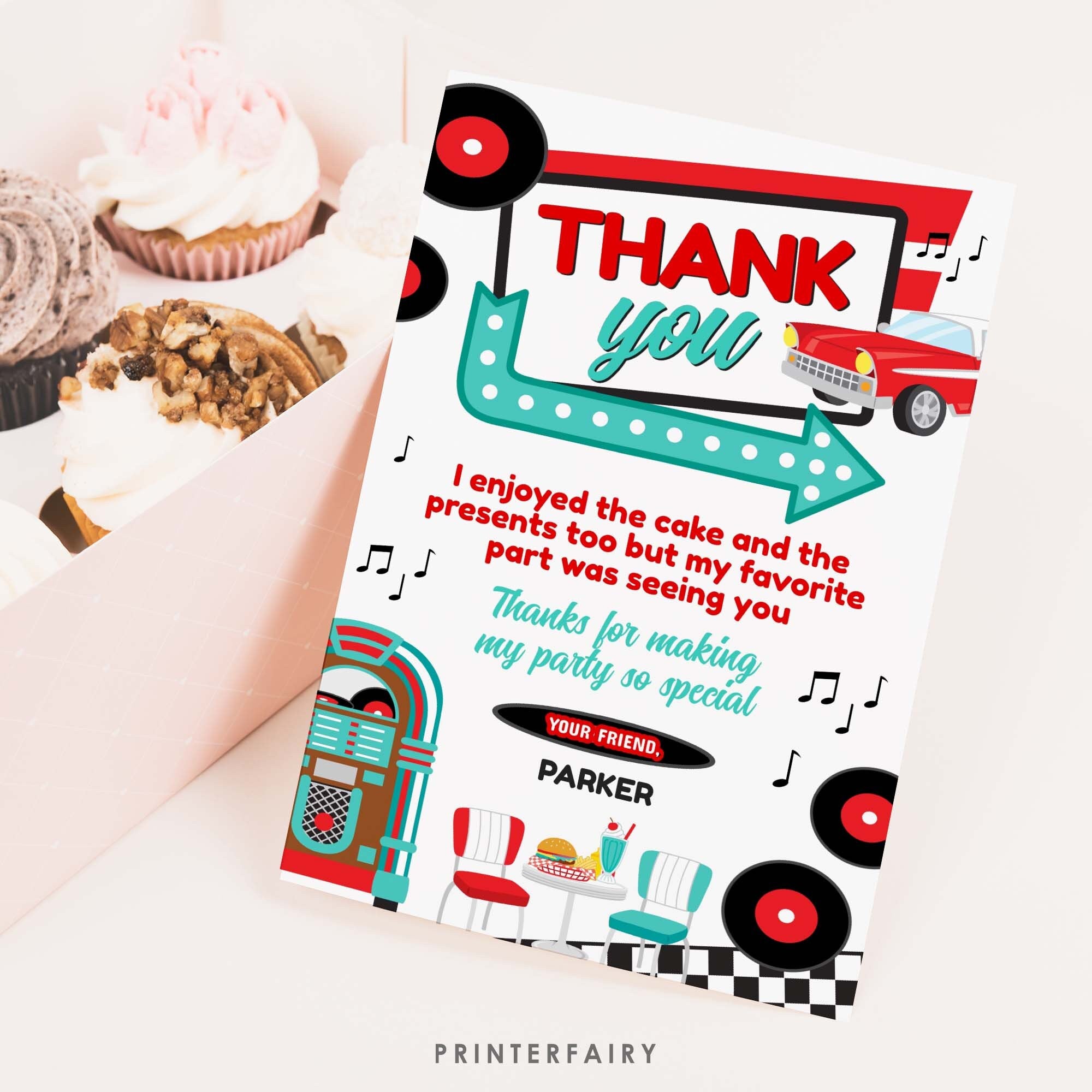 Diner Thank You Card, 1950s Soda Shop Theme Party, Retro Birthday (Digital Download)