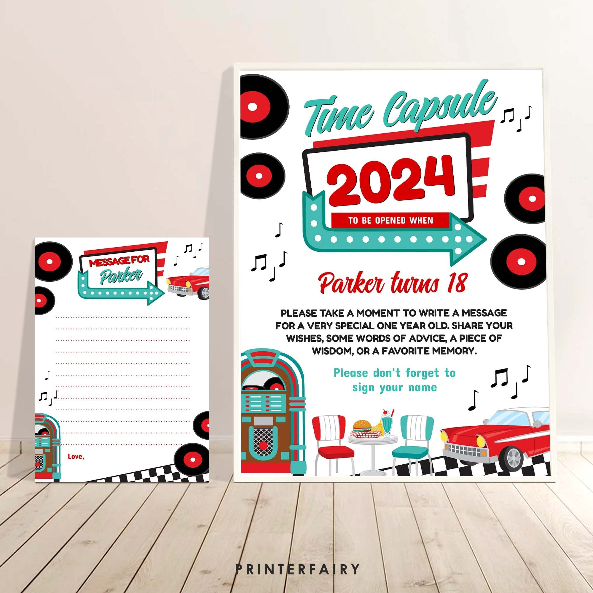 Editable Diner Time Capsule Sign, 1950s Sock Hop Party Game (Digital Download)