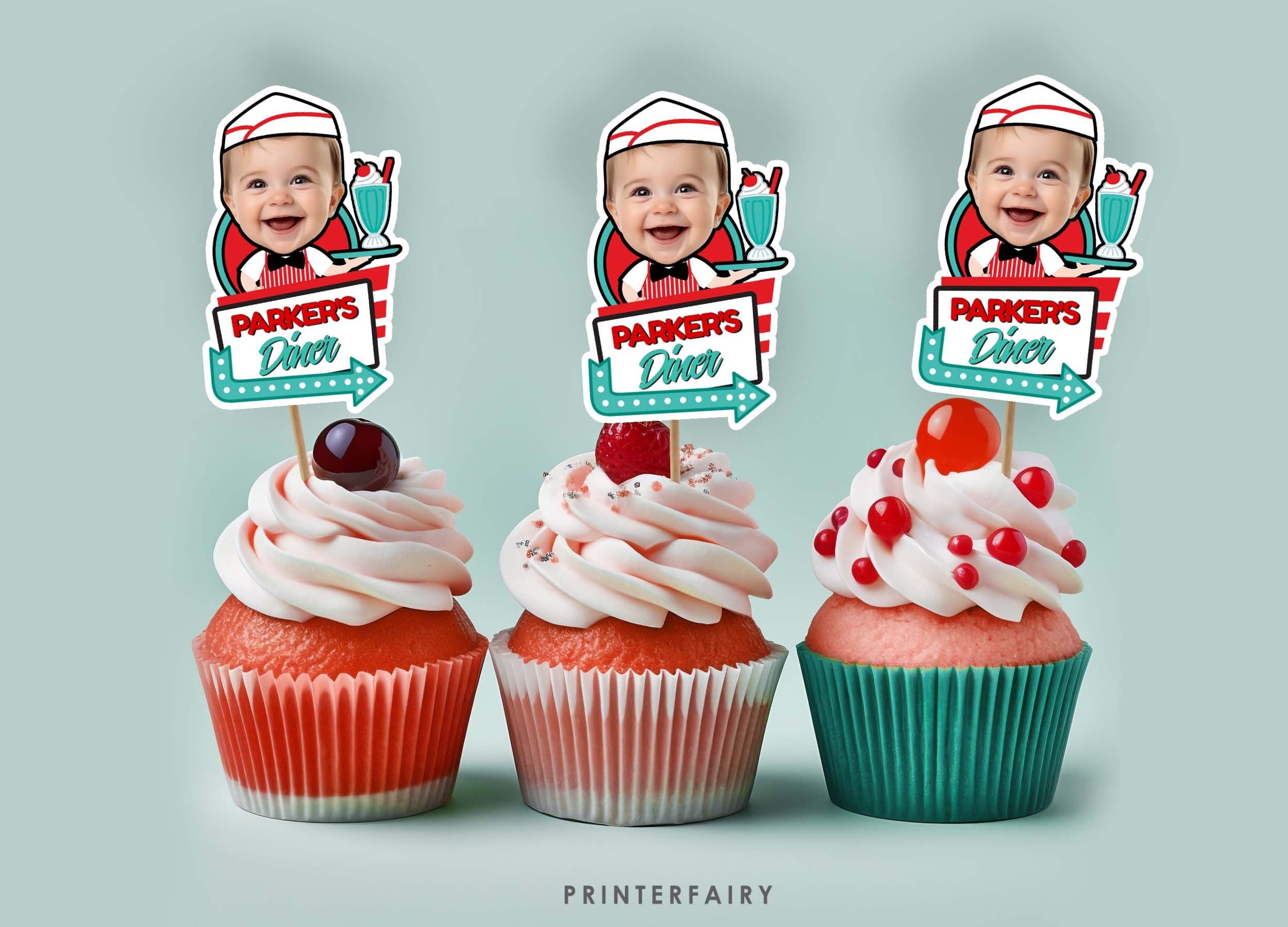 Editable Diner Photo Cupcake Toppers, Custom Party Decor (Digital Download)