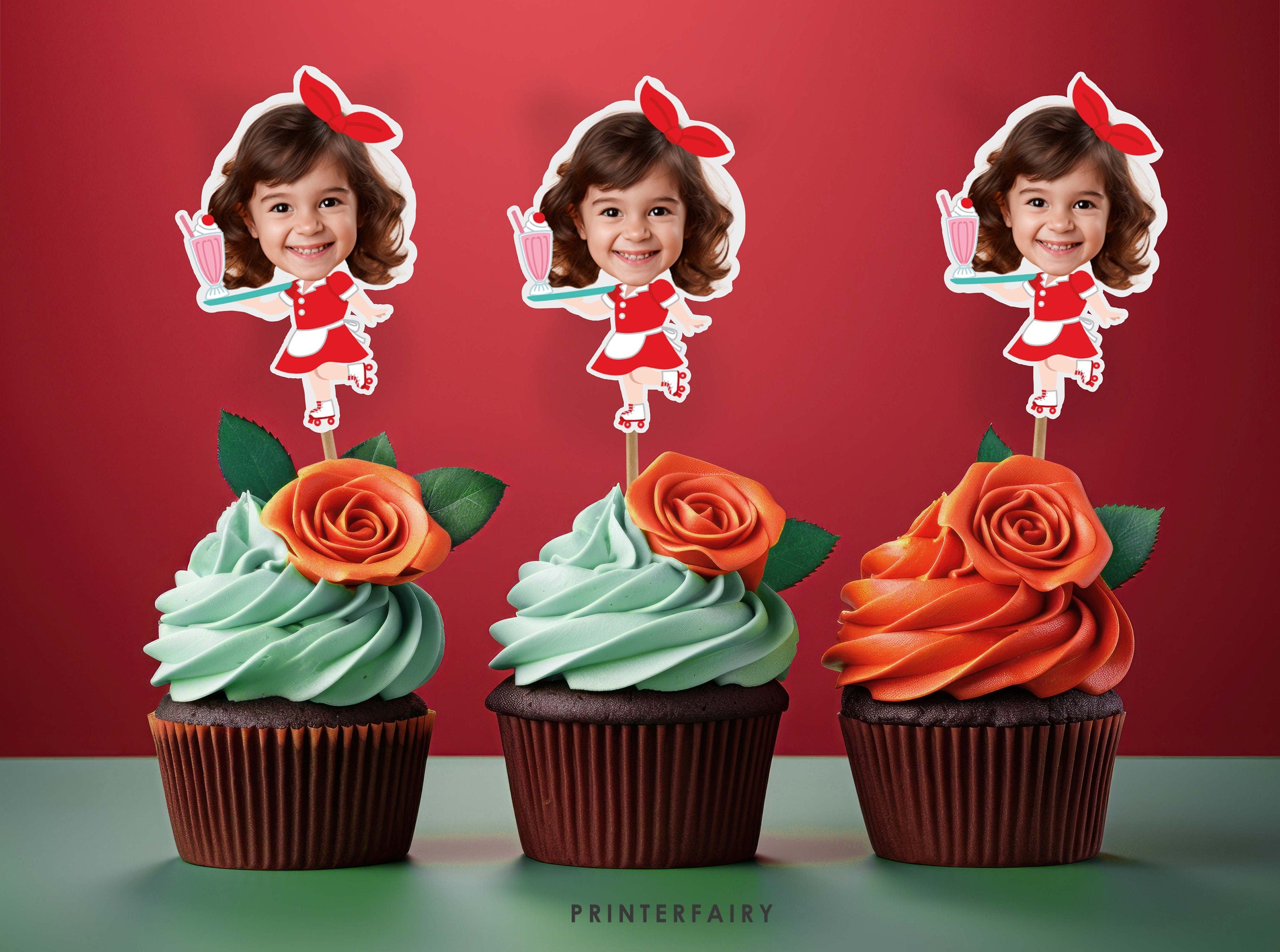 Diner Photo Cupcake Toppers, Sock Hop Party Decor (Editable Template)