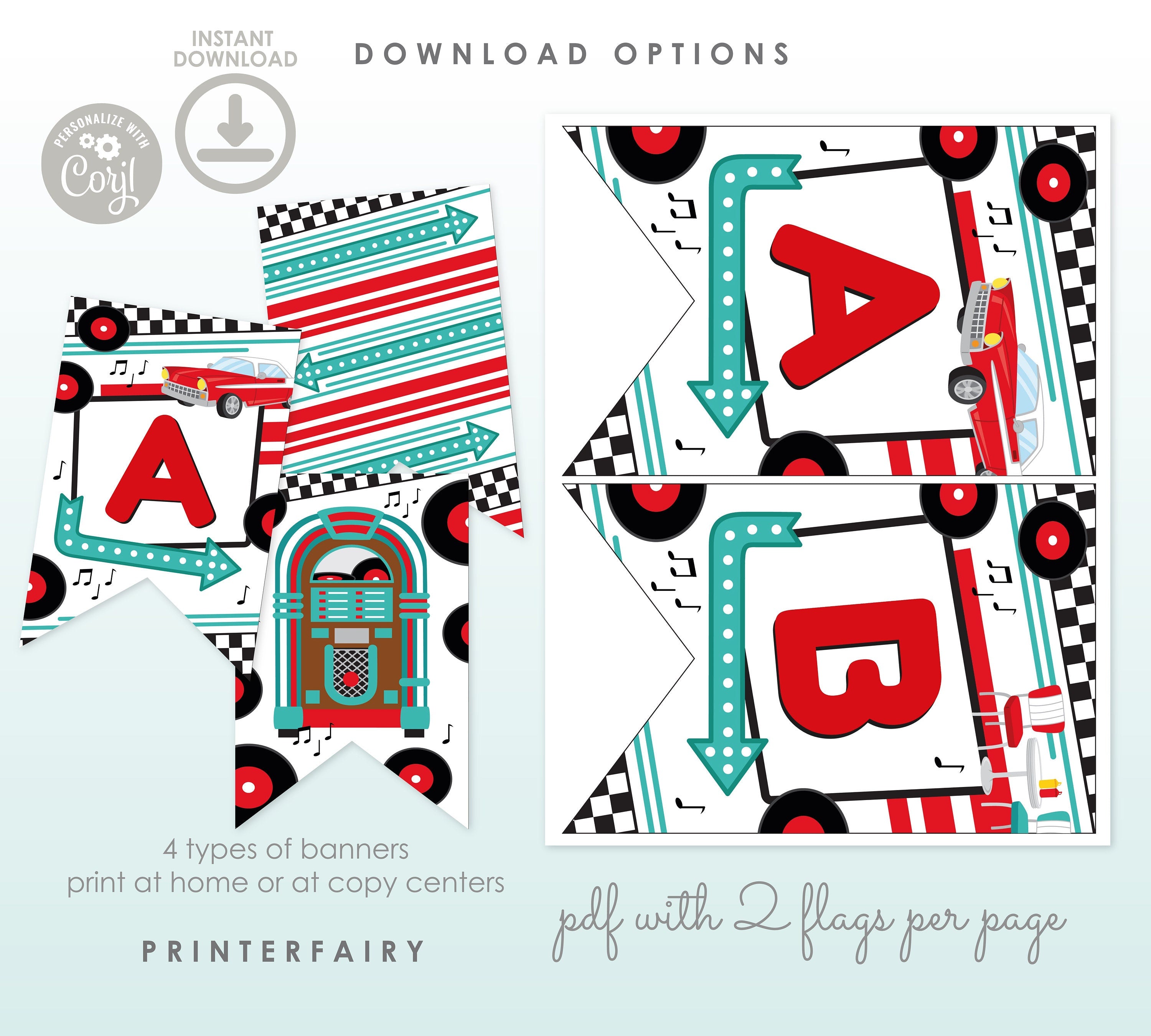 Diner Birthday Banner, Editable Sock Hop Decorations, 1950's Soda Shop Theme (Digital Download)