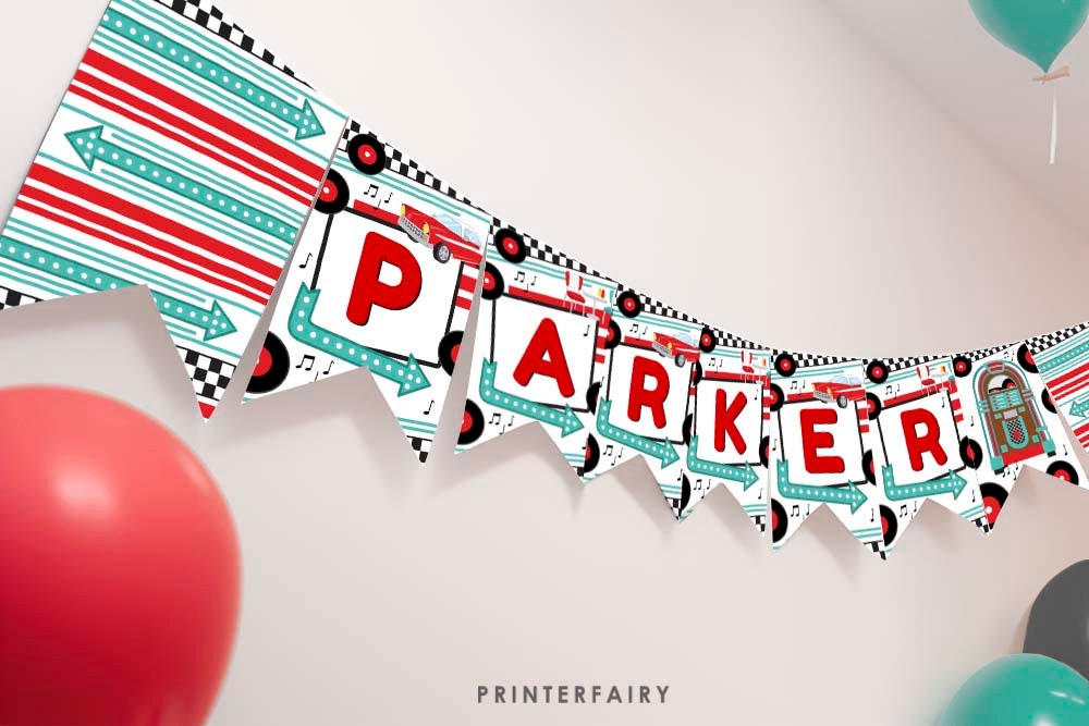 Diner Birthday Banner, Editable Sock Hop Decorations, 1950's Soda Shop Theme (Digital Download)