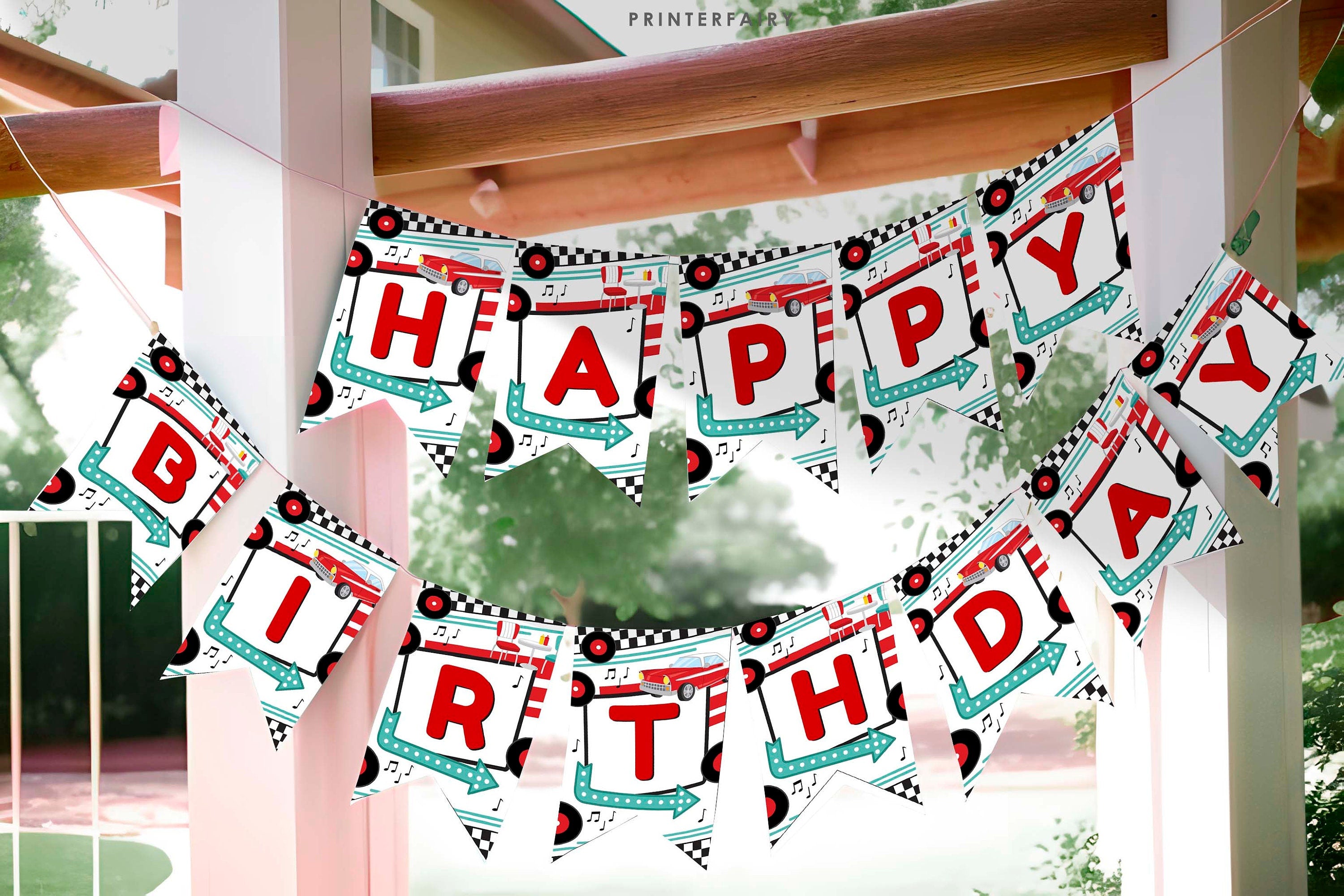 Diner Birthday Banner, Editable Sock Hop Decorations, 1950's Soda Shop Theme (Digital Download)