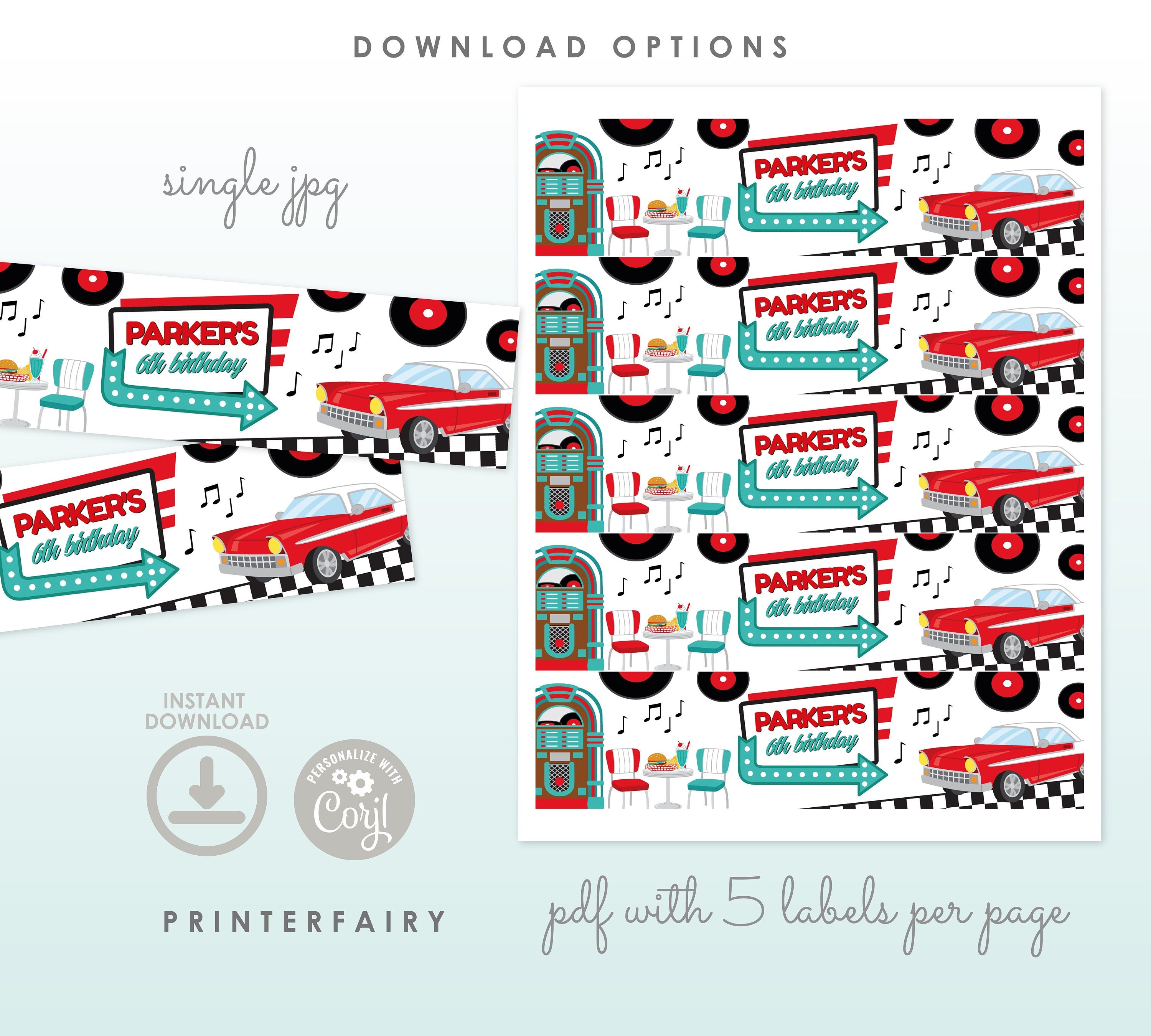 Diner Party Water Bottle Labels, 1950s Soda Shop Theme, Editable (Digital Download)
