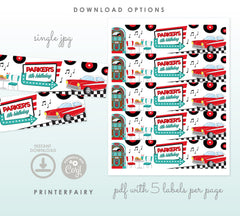 Diner Party Water Bottle Labels, 1950s Soda Shop Theme, Editable (Digital Download)