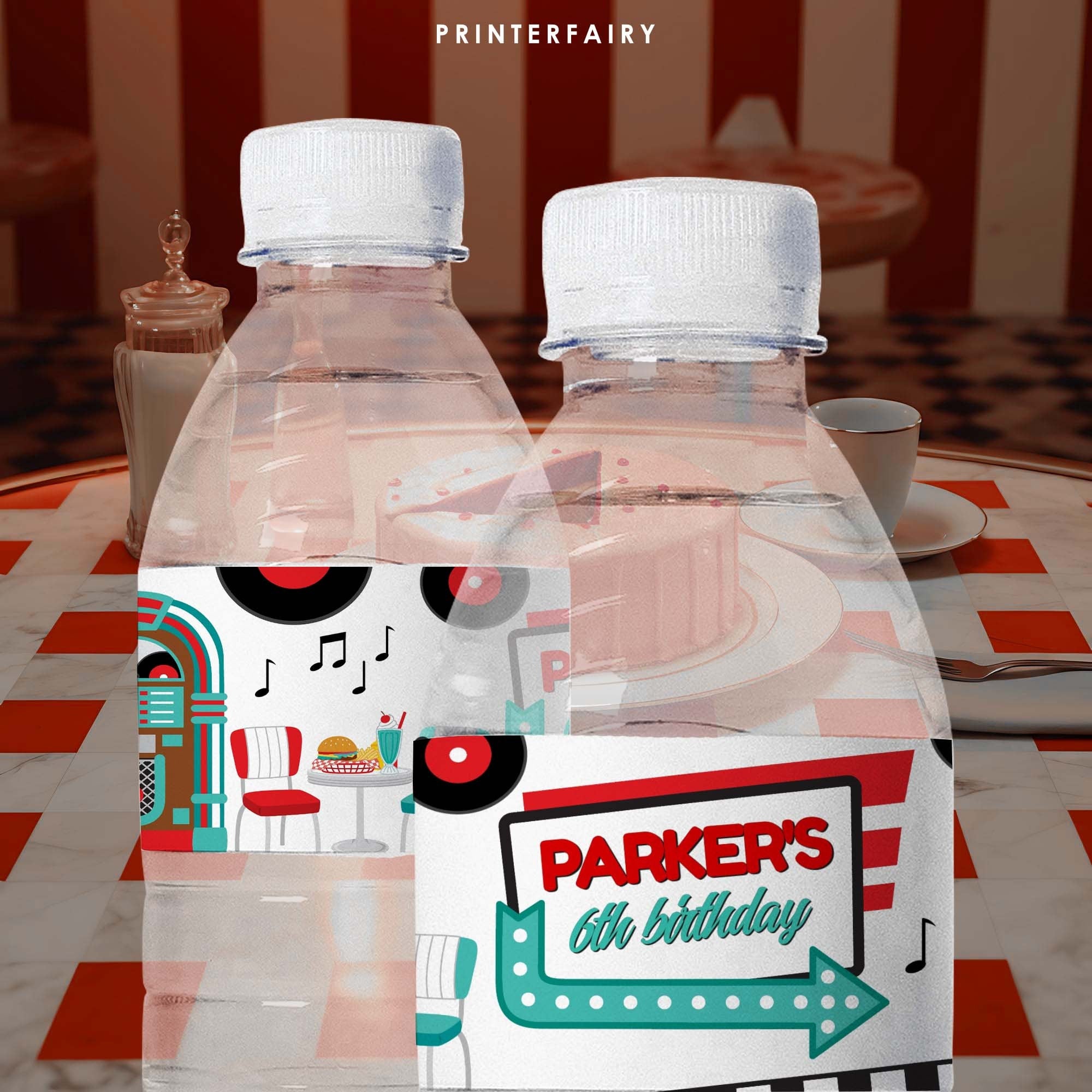 Diner Party Water Bottle Labels, 1950s Soda Shop Theme, Editable (Digital Download)