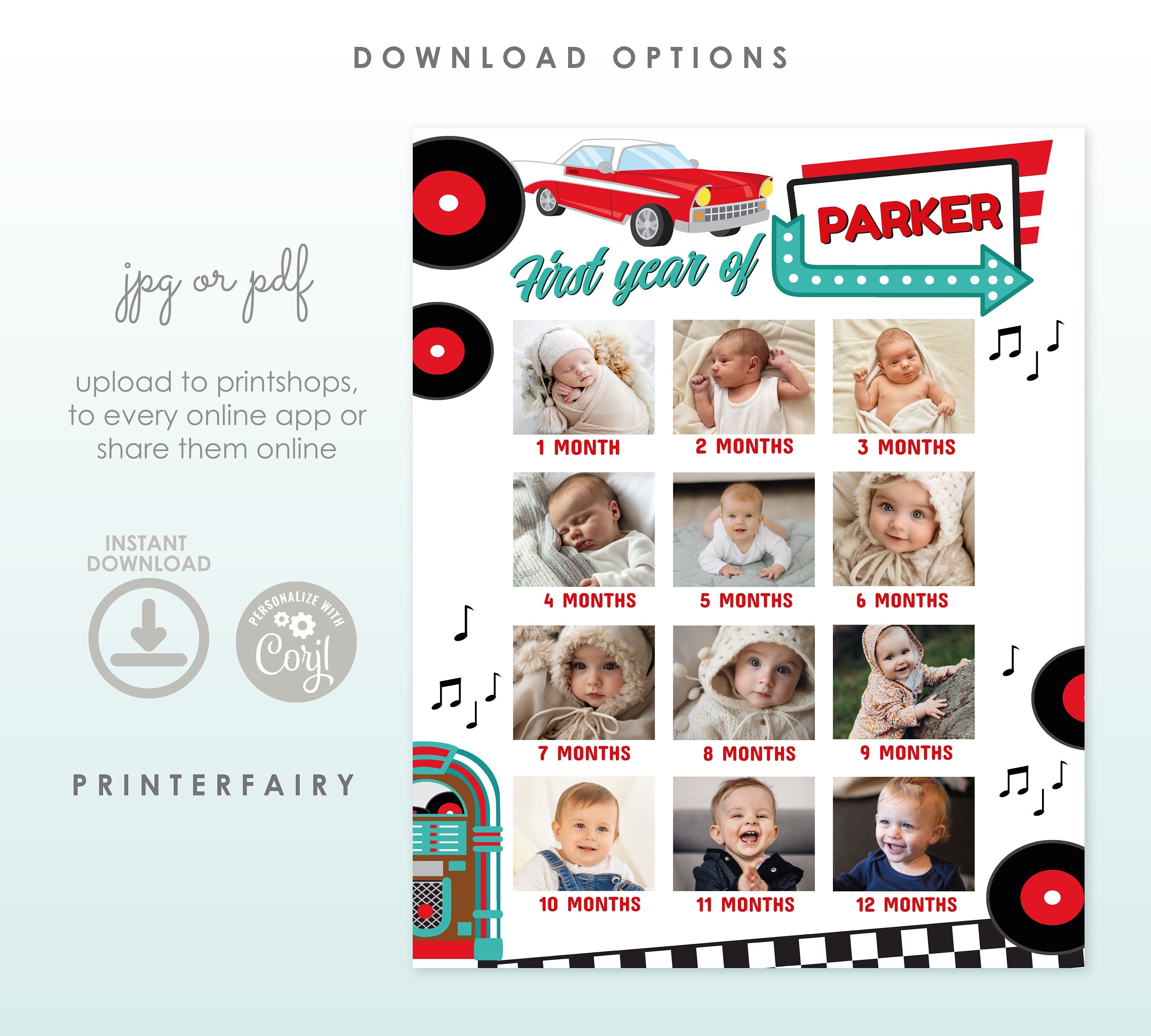 Diner Birthday Photo Sign, First Year Milestone Board (Digital Download)
