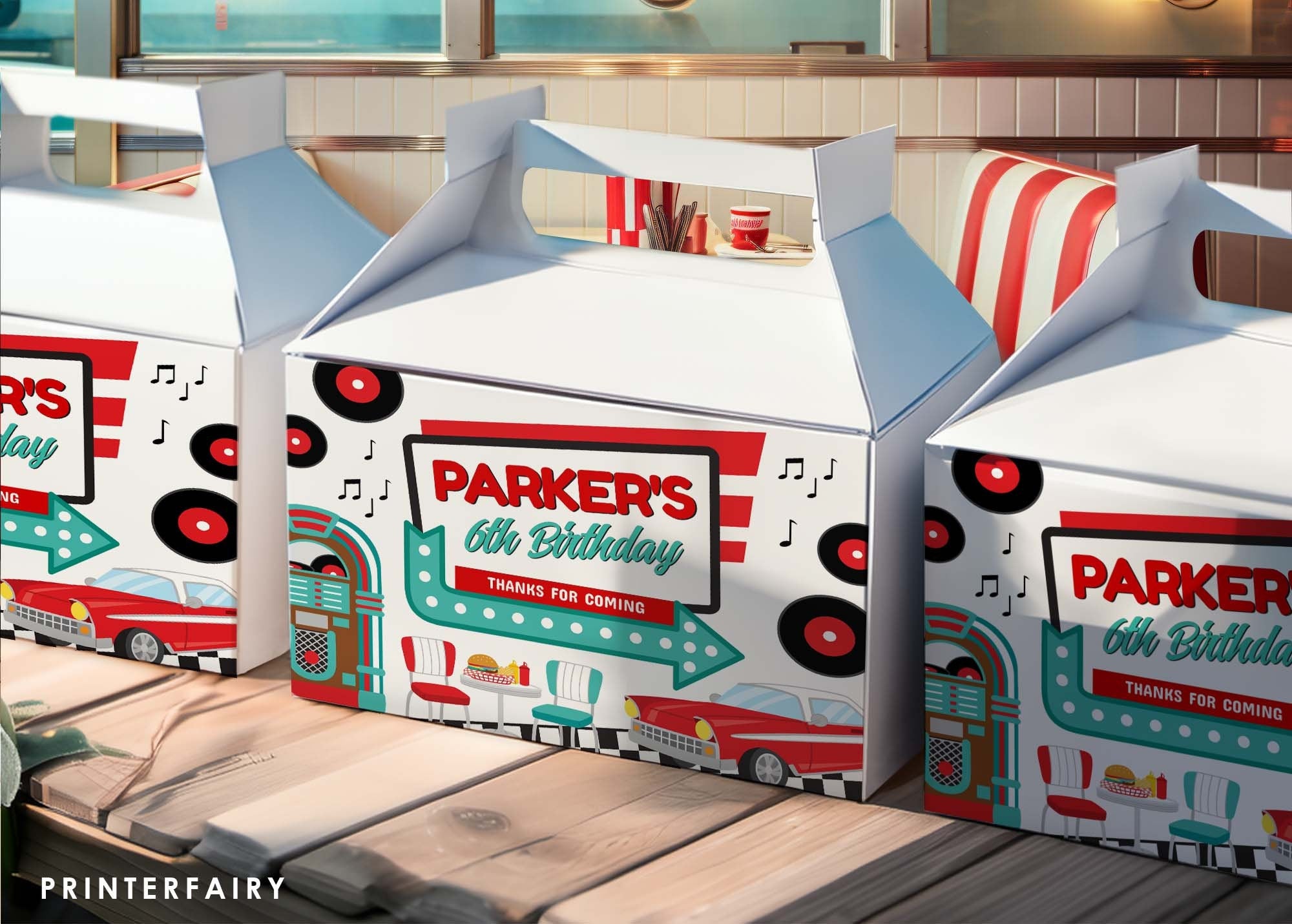 Editable Diner Party Favor Box Label, 50s Sock Hop Soda Shop Theme (Digital Download)